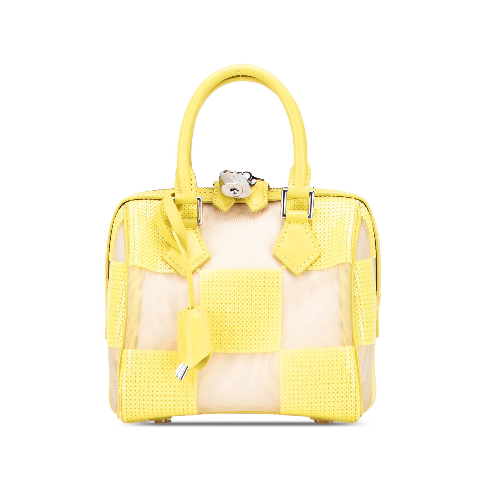 Louis Vuitton Damier Optic Mesh Sequins Speedy Bag Yellow: Louis Vuitton Damier Optic Mesh Sequins Speedy Bag Yellow This Louis Vuitton Damier Optic Mesh Sequins Cube Speedy bag is a distinctive blend of luxury and playful design. Crafted in Italy, it feature
