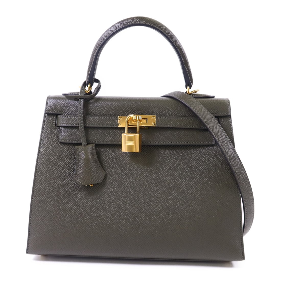 Hermes Kelly 25 Green Epsom Leather Shoulder Bag with Gold Hardware: Hermes Kelly 25 Green Epsom Leather Shoulder Bag with Gold Hardware This Hermes Kelly 25 is a versatile 2-way shoulder bag crafted from Epsom calfskin leather in a sophisticated green hue. Made in Fra