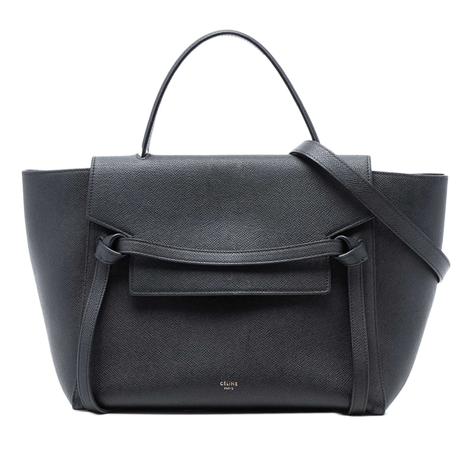 Black Leather Mini Belt Bag by Celine with Grained Finish: Black Leather Mini Belt Bag by Celine with Grained Finish This Celine Mini Grained Calfskin Belt Bag features a black leather body, a flat leather handle, a detachable leather strap, a top flap with s