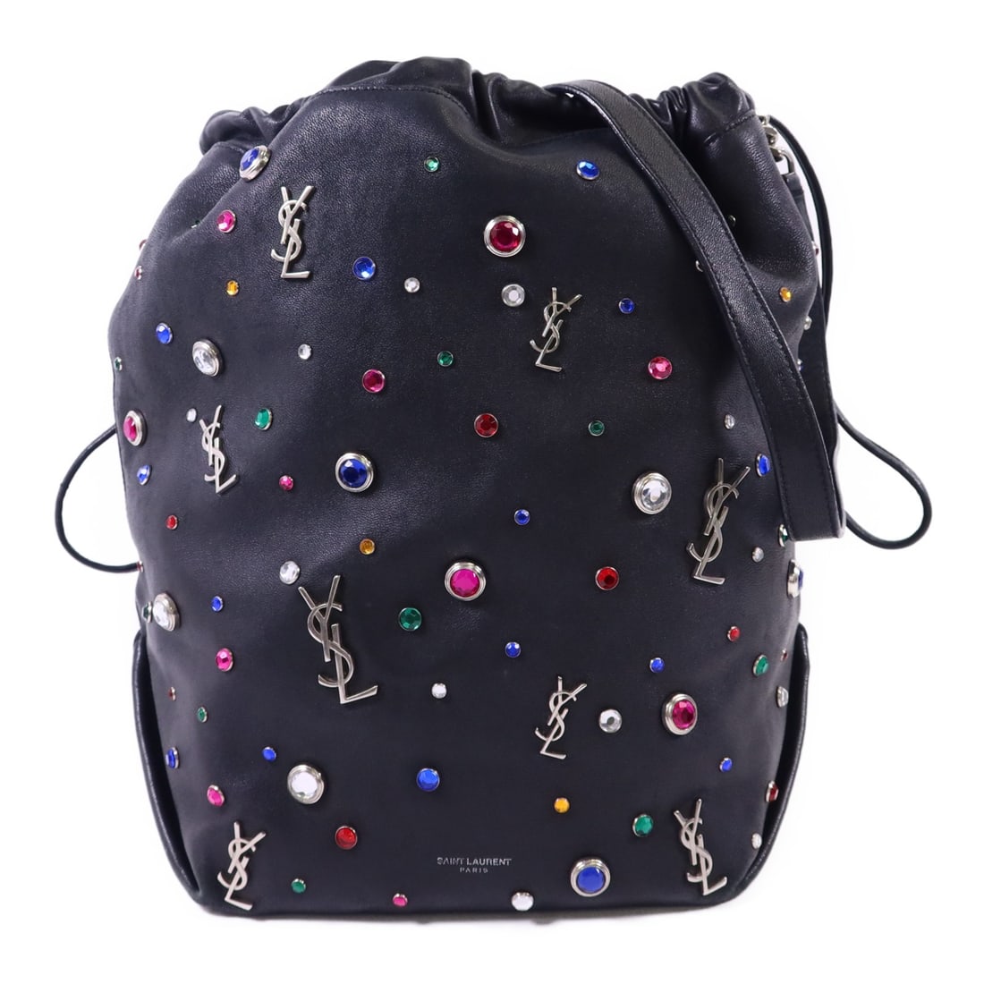 YSL Teddy Black Lambskin Shoulder Bag with Silver Stud Embellishments: YSL Teddy Black Lambskin Shoulder Bag with Silver Stud Embellishments This Saint Laurent Teddy shoulder bag features a luxurious black lambskin exterior adorned with gem stud embellishments and silver