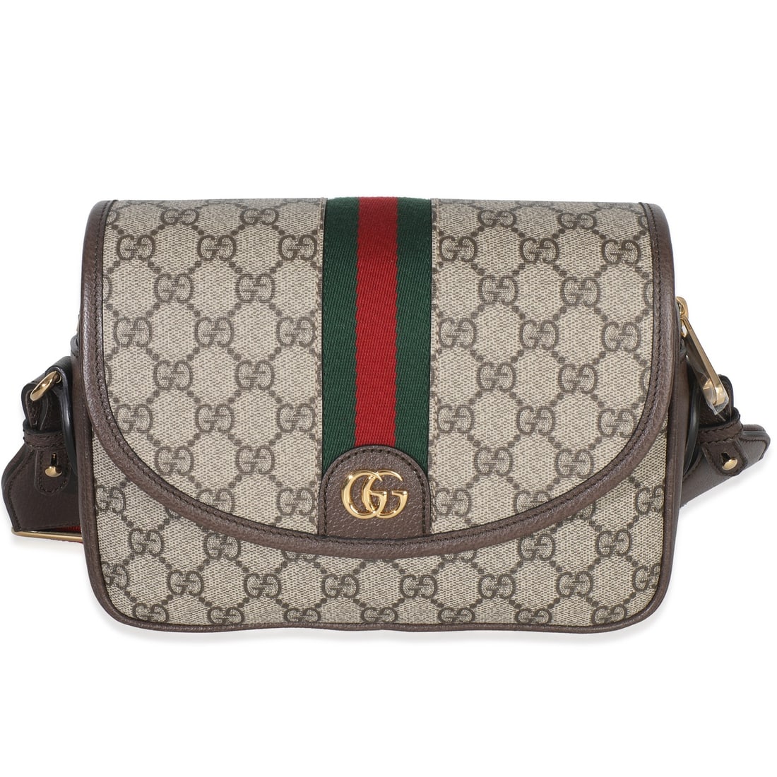 Mini Ophidia Shoulder Bag in Beige GG Supreme Canvas with Web and Studs: Mini Ophidia Shoulder Bag in Beige GG Supreme Canvas with Web and Studs This pre-owned Gucci Mini Ophidia shoulder bag features beige and brown GG Supreme canvas with textured dollar calfskin accents.