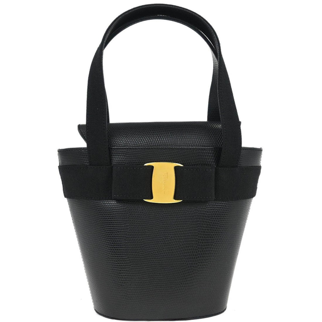 Vara Bow Black Bucket Top Handle Bag by Salvatore Ferragamo: Vara Bow Black Bucket Top Handle Bag by Salvatore Ferragamo This Salvatore Ferragamo Vara Bow Top Handle Bucket Bag is a pre-owned handbag in very good condition. It features minor stains inside and n