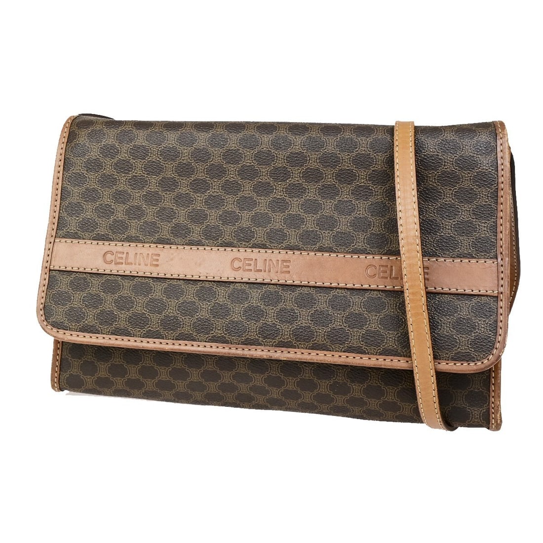 Macadam Pattern Shoulder Bag by Celine in Brown Vintage: Macadam Pattern Shoulder Bag by Celine in Brown Vintage This Celine vintage Macadam shoulder bag features a brown exterior with gold-plated accents. The bag shows visible signs of use, including scuff