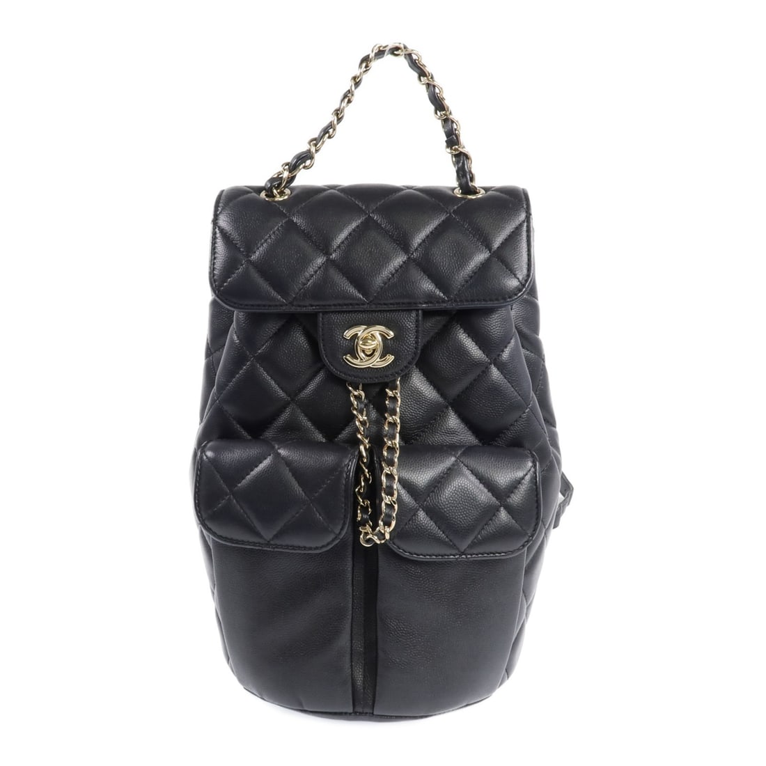 Chanel Black Calfskin Rucksack Backpack with Gold Hardware: Chanel Black Calfskin Rucksack Backpack with Gold Hardware This CHANEL rucksack backpack features a sleek design crafted from black calfskin leather. The bag showcases the iconic CC detail and is desi