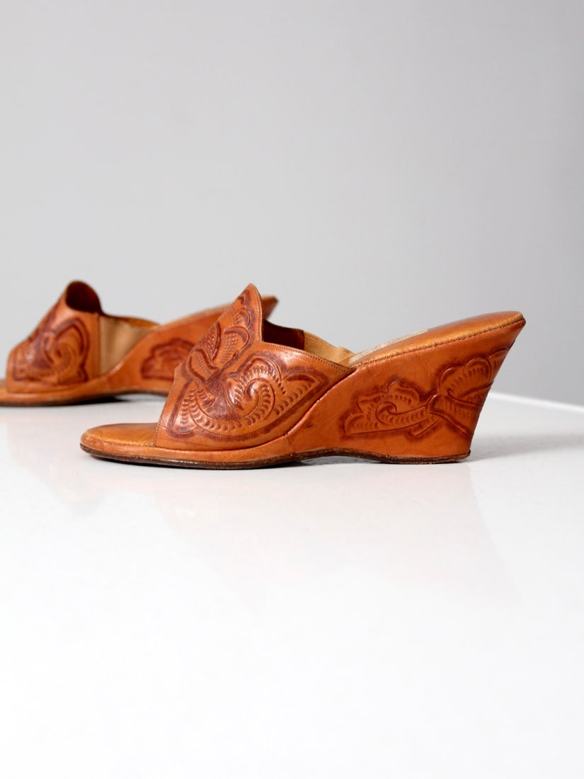 Campos 1950s Vintage Tooled Leather Wedge Sandals (1 of 10)