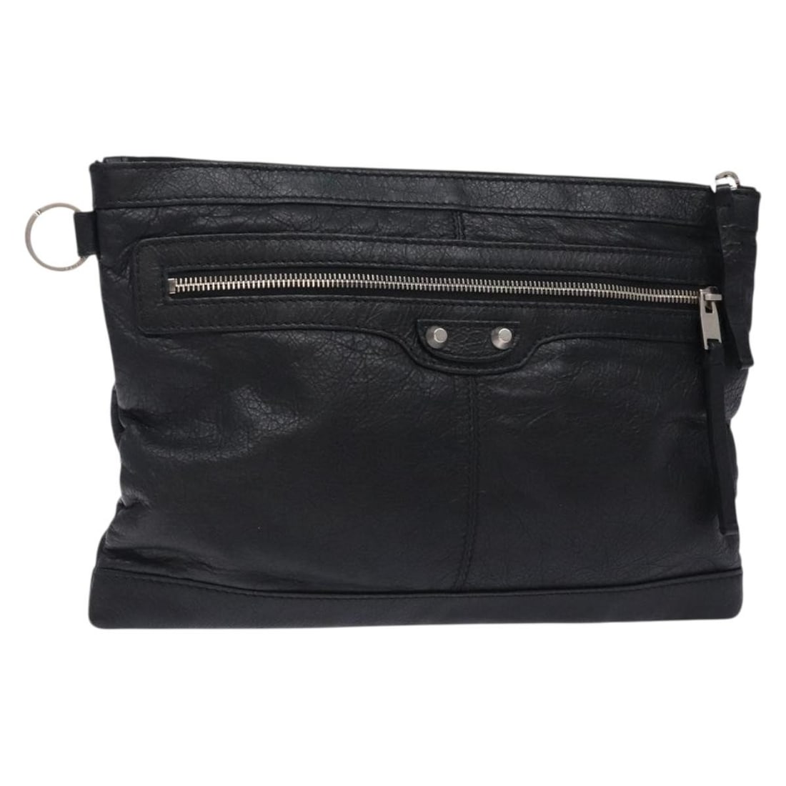 Classic City Clip Black Pouch by Balenciaga: Classic City Clip Black Pouch by Balenciaga This Balenciaga Classic City Clip Pouch is a stylish bag crafted in black. It features slight rubbing on the outer surface, corners, and interior, with mino