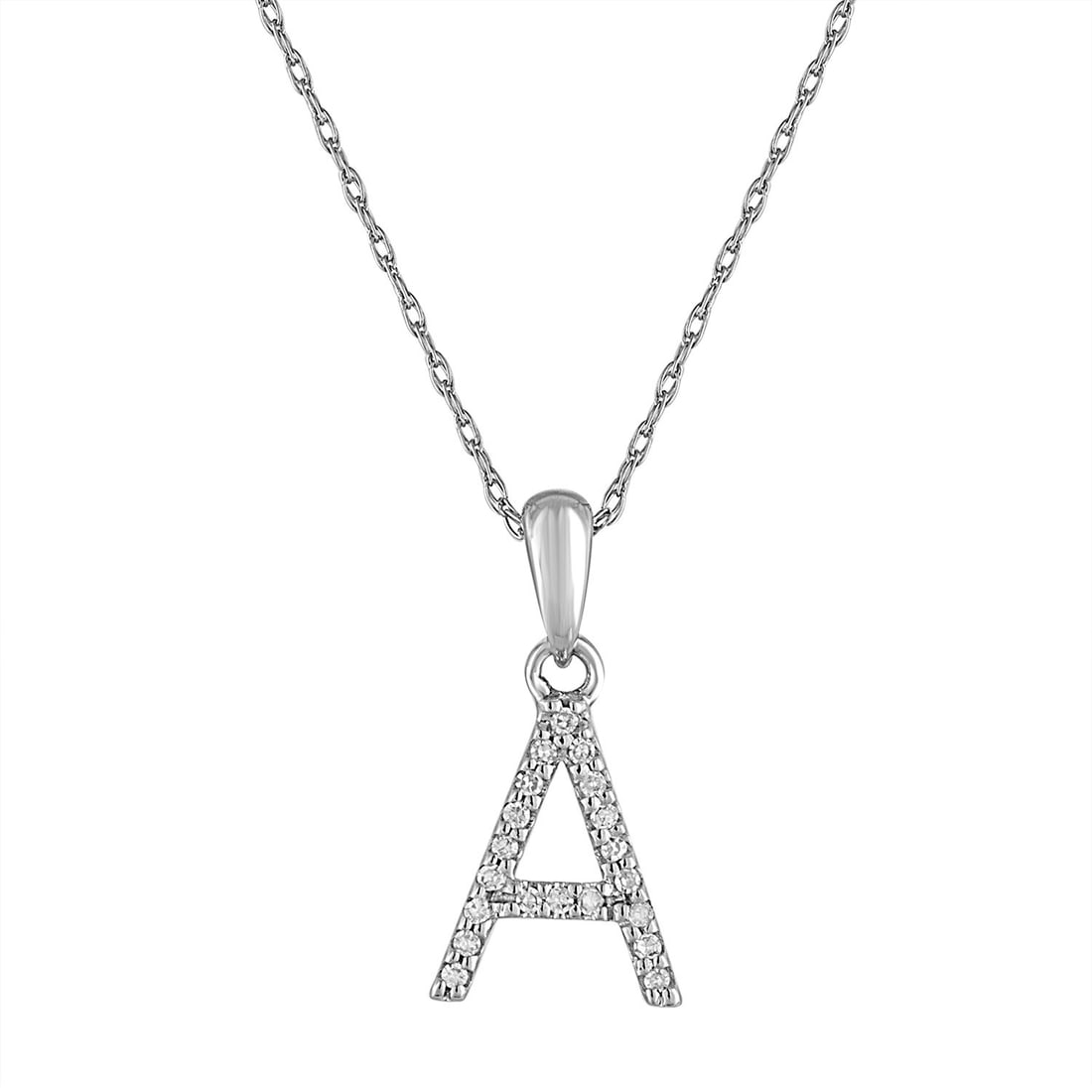 14k White Gold Diamond Initial Necklace A: 14k White Gold Diamond Initial Necklace A This elegant 14k Gold & Diamond Initial Necklace features a round pendant adorned with a dazzling white diamond. The necklace is crafted from high-quality whi