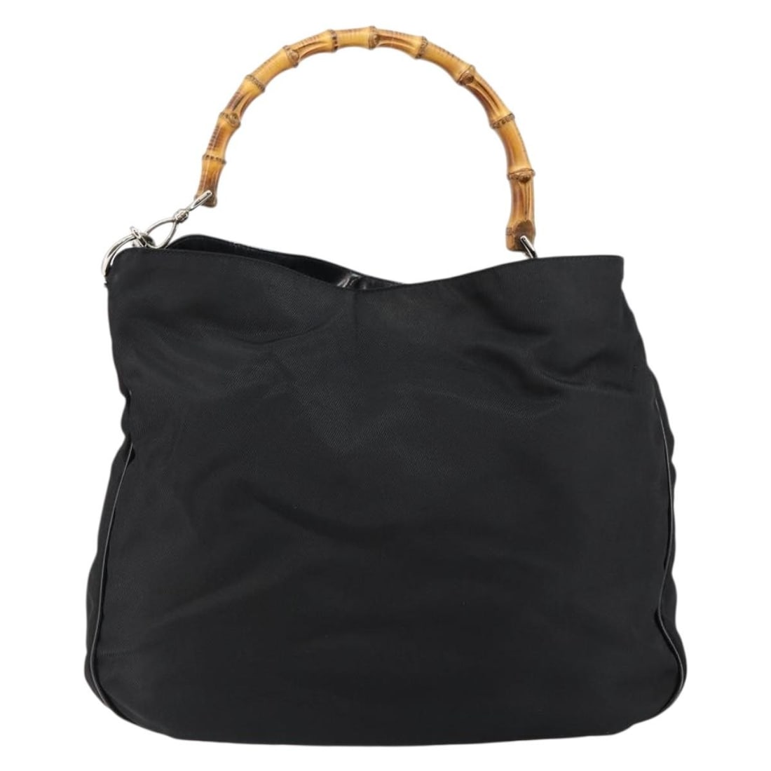 Vintage Gucci Black Hobo Bag with Bamboo Top Handle: Vintage Gucci Black Hobo Bag with Bamboo Top Handle This pre-owned Gucci handbag features a classic bamboo handle and an open hobo design in black. It is designed for women and shows signs of use, inc