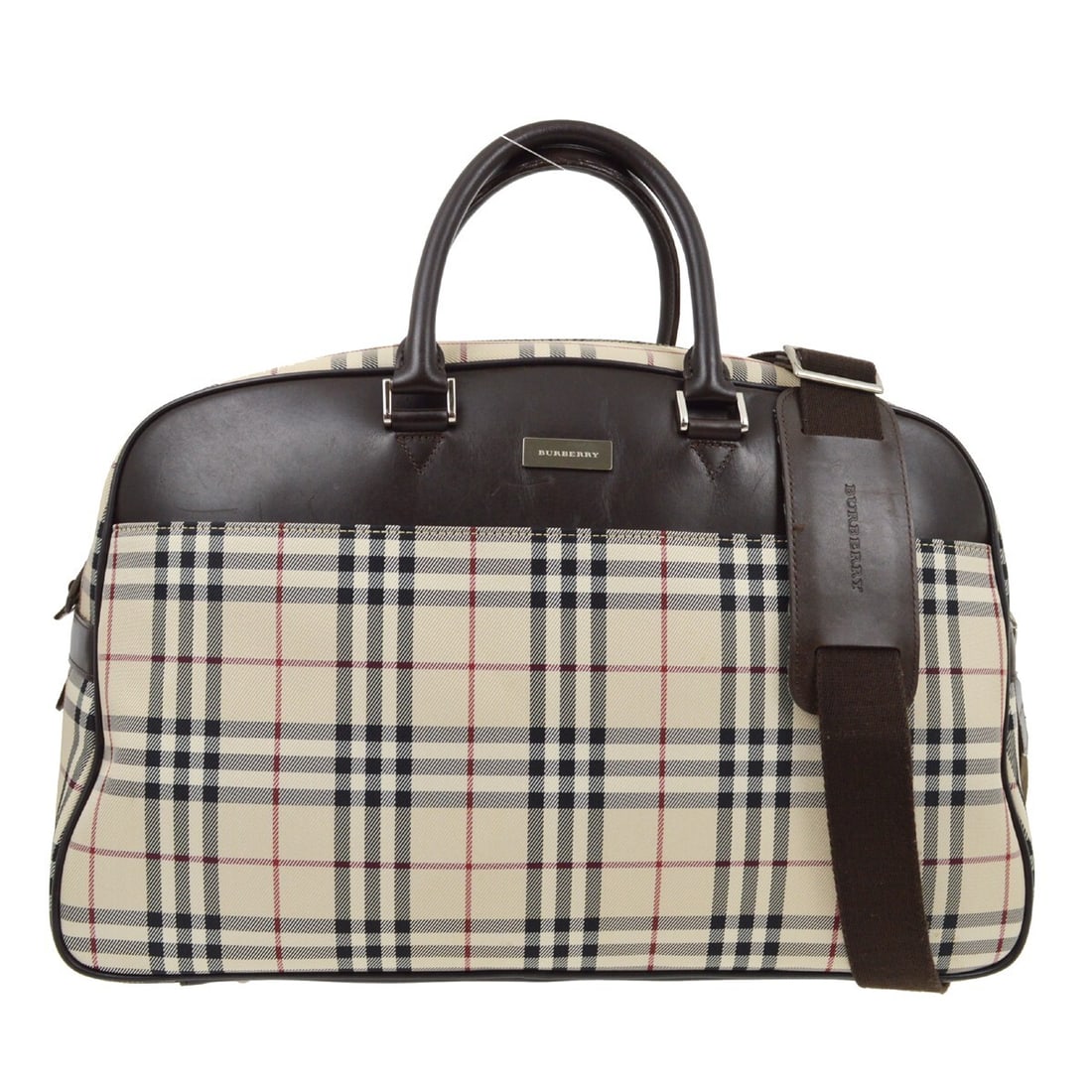 Burberry Beige Brown Check 2-Way Duffle Handbag with Inner Pockets: Burberry Beige Brown Check 2-Way Duffle Handbag with Inner Pockets Elevate your accessory collection with this Burberry Beige Brown Check 2-way Duffle Handbag, designed for casual occasions. This spac