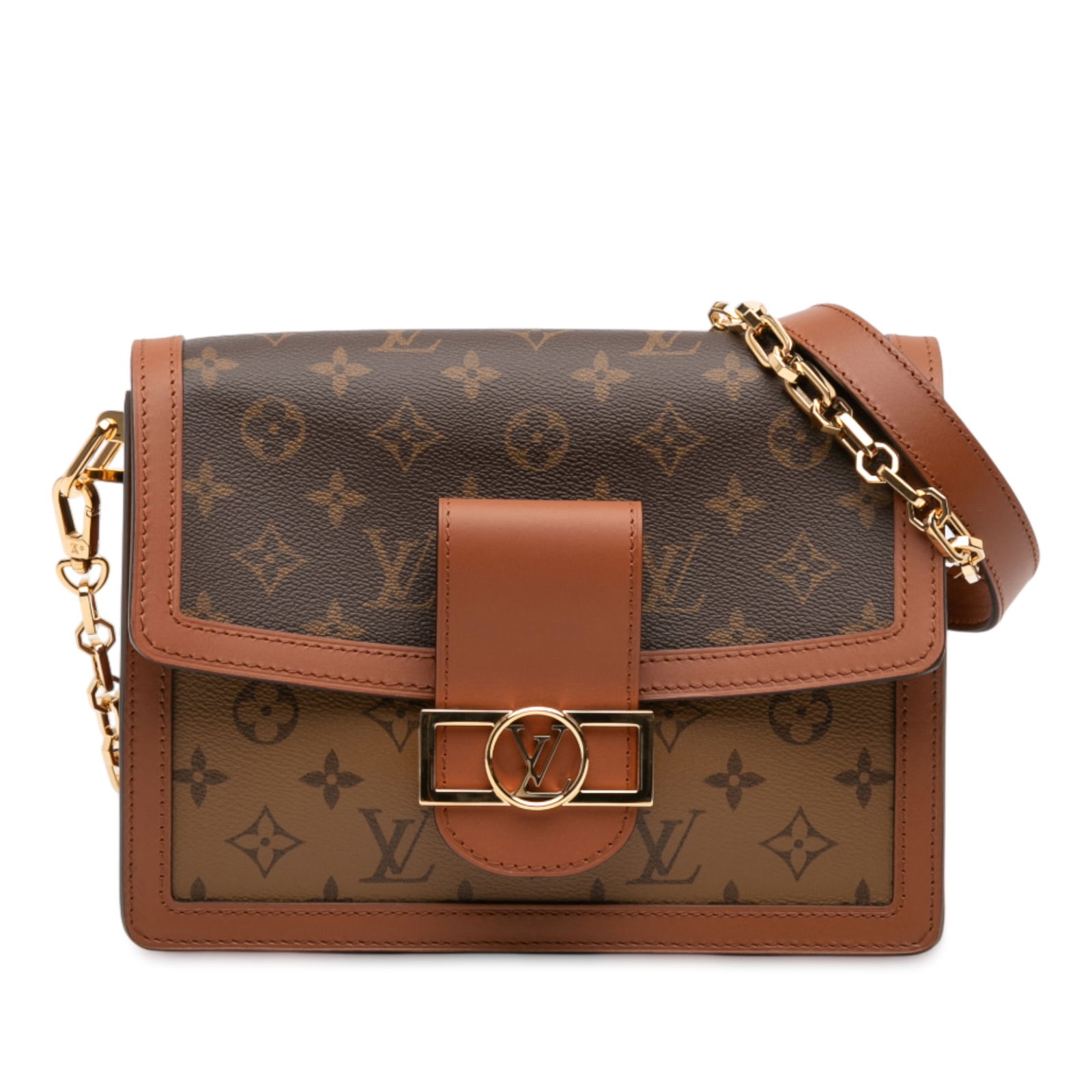 Louis Vuitton Monogram Reverse Dauphine MM Brown Fabric Bag: Louis Vuitton Monogram Reverse Dauphine MM Brown Fabric Bag The Louis Vuitton Monogram Reverse Dauphine MM is an elegant handbag crafted from durable monogram reverse canvas. It features a stylish gol