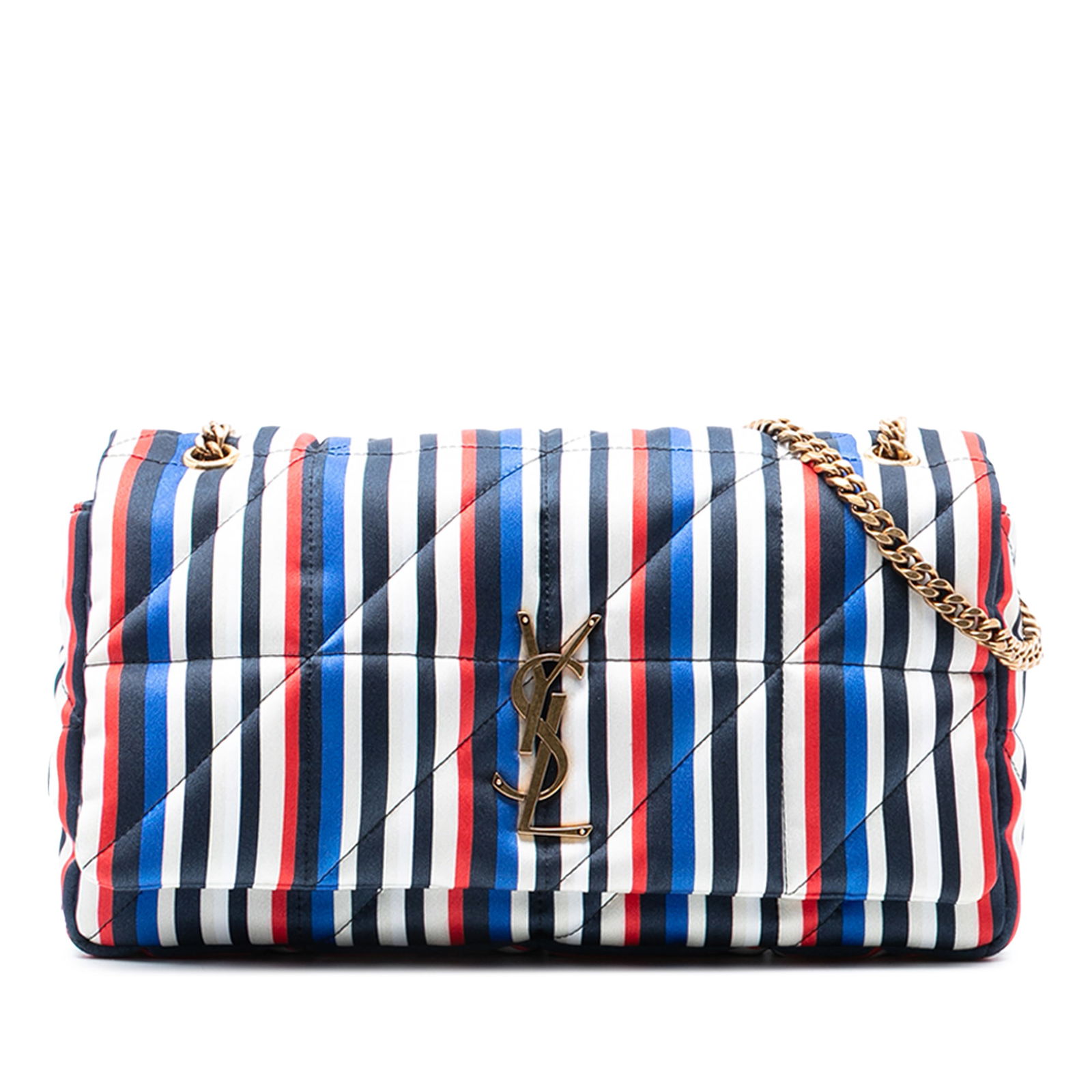 Saint Laurent Jamie Patchwork Silk Shoulder Bag with Quilted Design: Saint Laurent Jamie Patchwork Silk Shoulder Bag with Quilted Design This Saint Laurent Medium Quilted Silk Carre Patchwork Jamie Shoulder Bag features a printed silk body with a quilted design, chain-