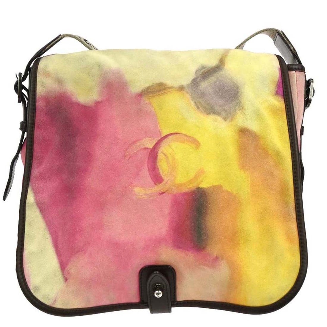 Yellow Suede Chanel Medium Flap Shoulder Bag with Adjustable Strap: Yellow Suede Chanel Medium Flap Shoulder Bag with Adjustable Strap This Chanel shoulder bag features a yellow suede exterior with additional red and other color accents. Designed with a flap closure a