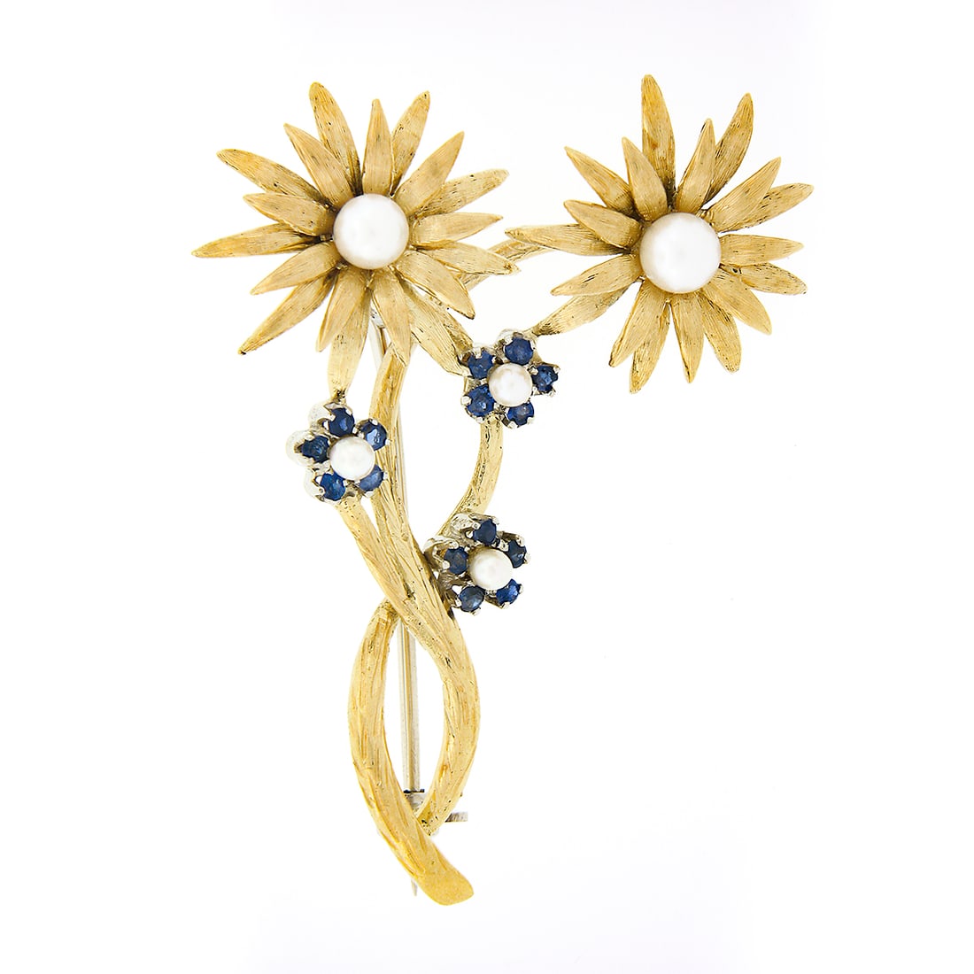 Vintage 18k Yellow Gold Sapphire Pearl Flower Burst Brooch Pin (1 of 6)