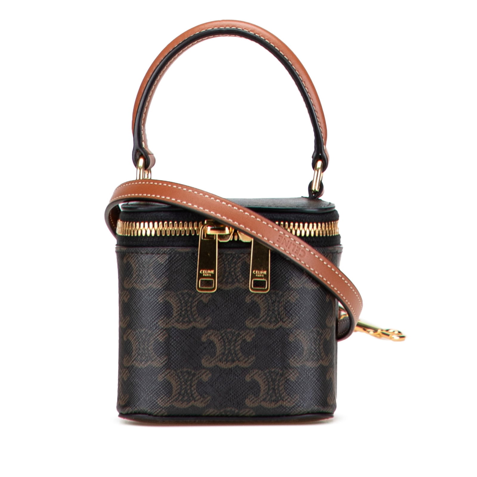 Celine Mini Triomphe Brown Coated Canvas Vanity Case: Celine Mini Triomphe Brown Coated Canvas Vanity Case Discover the elegance of the Celine Mini Triomphe Coated Canvas Vanity Case, expertly crafted in Italy. This stylish vanity case features a durable