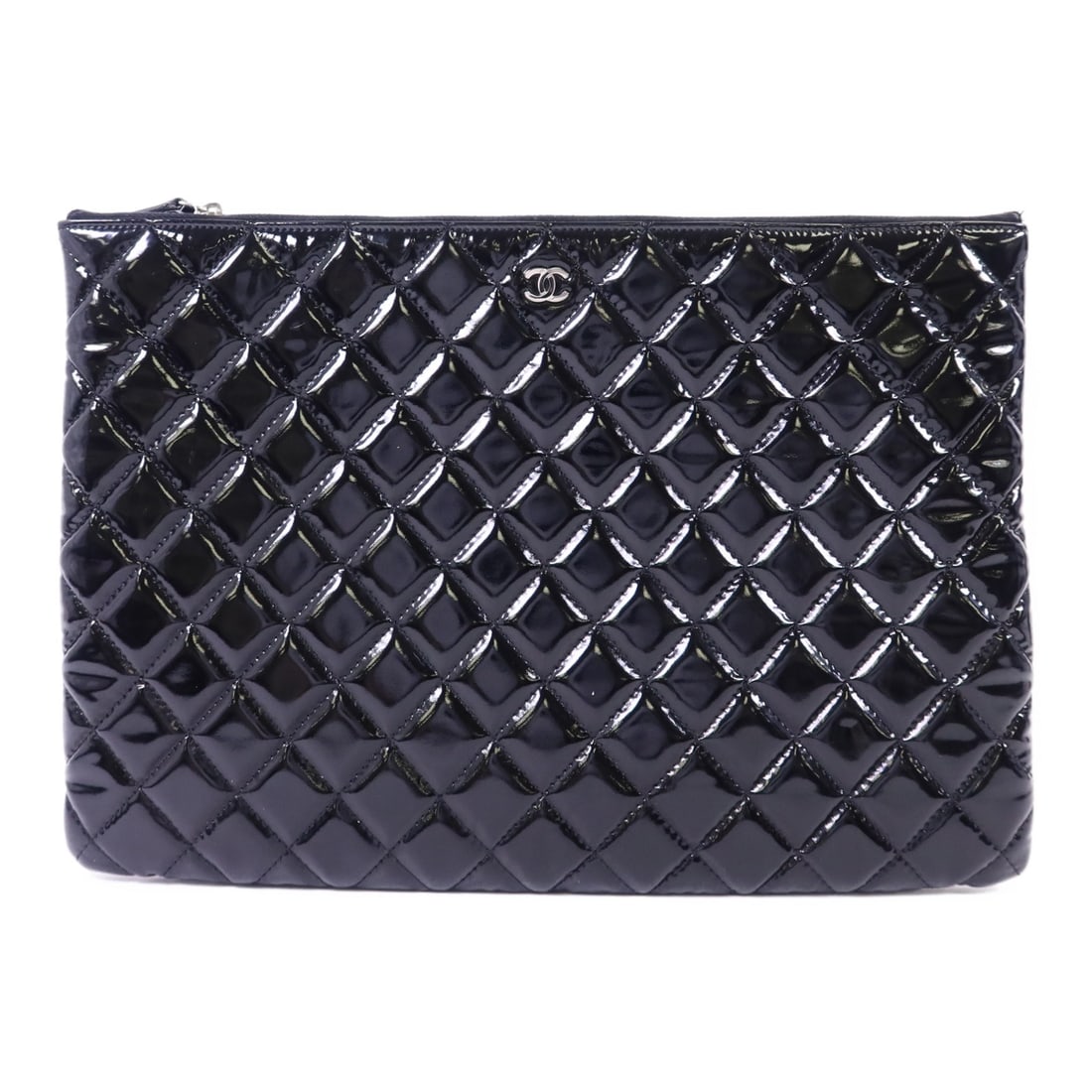 Black Patent Leather Chanel Clutch Pouch with Silver Tone CC Logo (1 of 13)