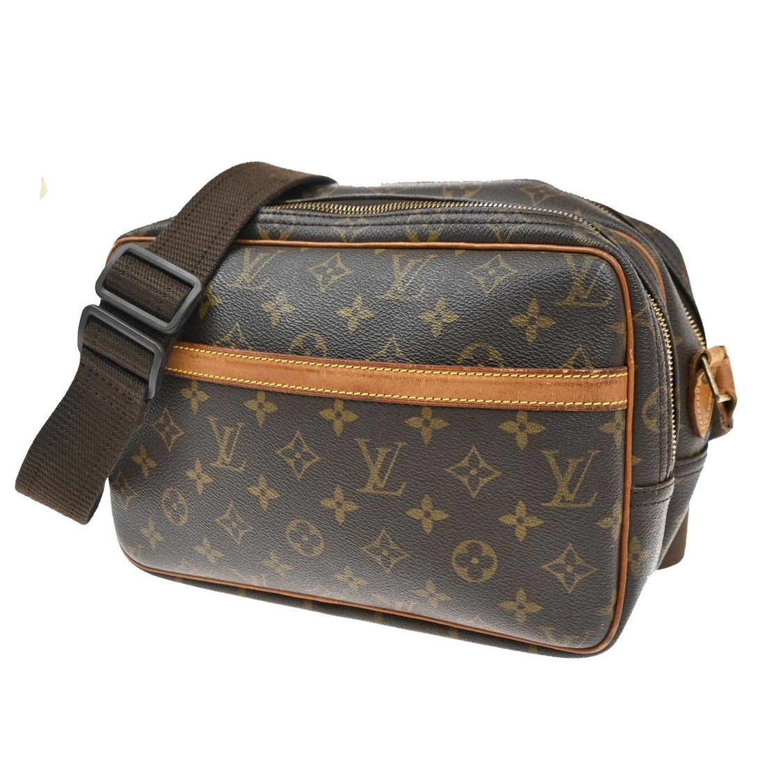 Reporter PM Shoulder Bag in Brown Canvas by Louis Vuitton: Reporter PM Shoulder Bag in Brown Canvas by Louis Vuitton This pre-owned Louis Vuitton Reporter PM shoulder bag features a brown exterior and is designed for female use. It shows noticeable signs of u