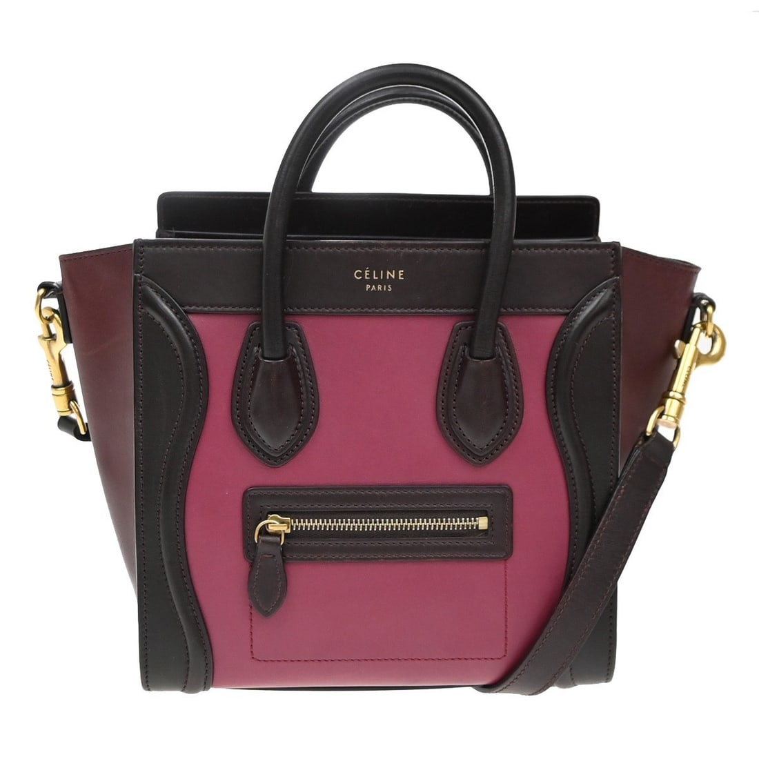 Nano Luggage Handbag in Pink Tricolor by Celine: Nano Luggage Handbag in Pink Tricolor by Celine This pre-owned Celine Nano Luggage Tricolor Shoulder Bag in pink is crafted from high-quality leather and designed for female use. It shows noticeable s