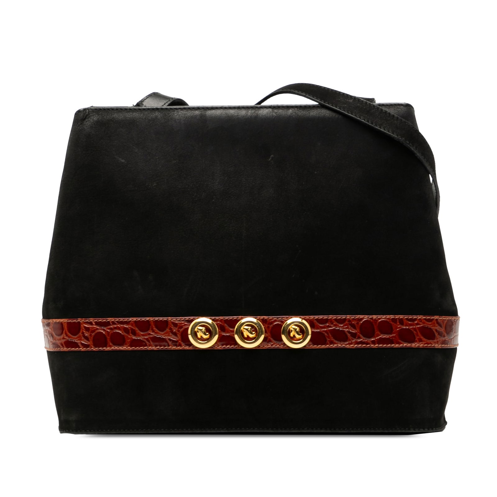 Ferragamo Black Suede Crossbody Bag with Magnetic Snap Closure: Ferragamo Black Suede Crossbody Bag with Magnetic Snap Closure This Ferragamo Suede Crossbody bag showcases a luxurious suede exterior in classic black, designed for both style and functionality. It f