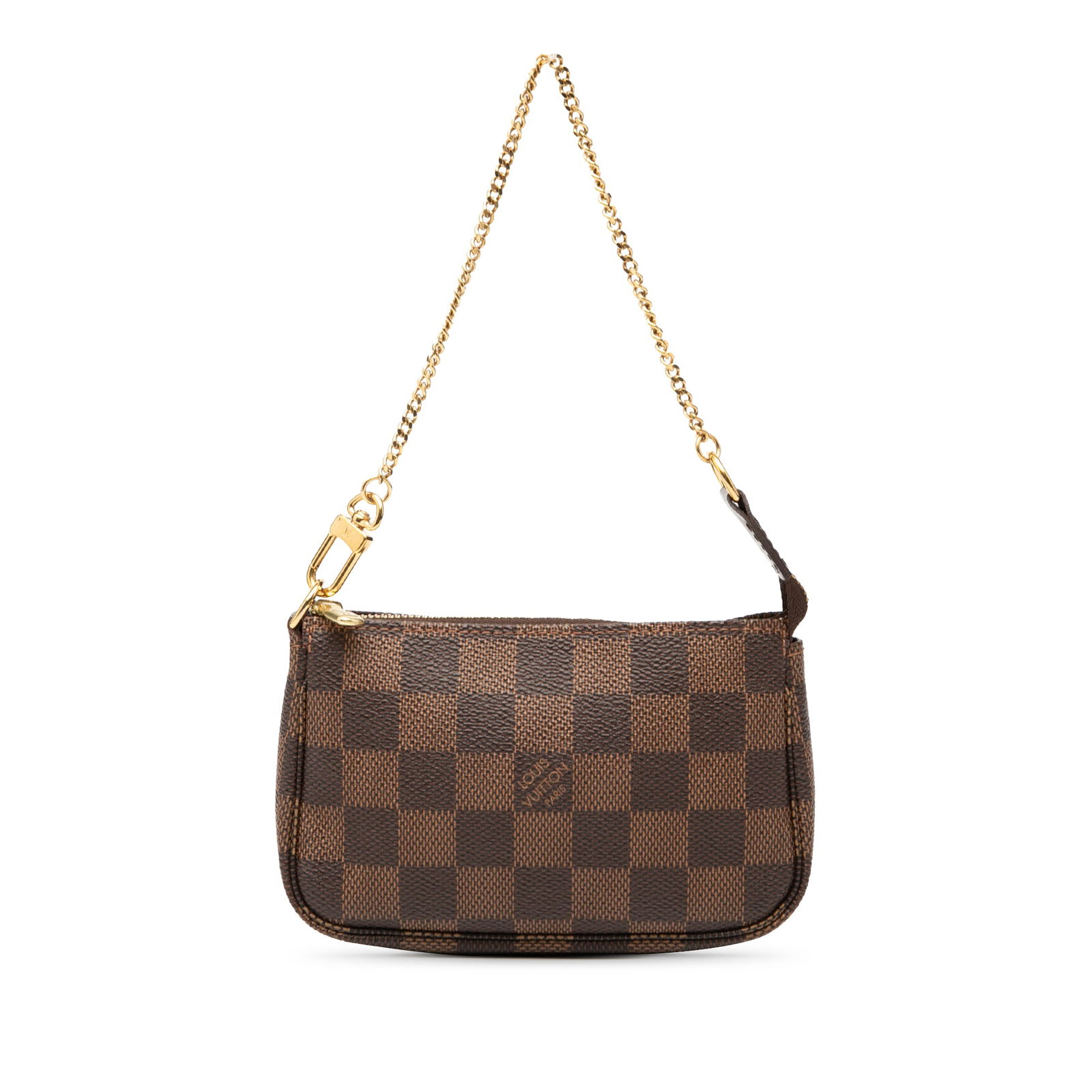 Louis Vuitton Damier Ebene Mini Pochette Accessoires with Gold Chain: Louis Vuitton Damier Ebene Mini Pochette Accessoires with Gold Chain This Louis Vuitton Damier Ebene Mini Pochette Accessoires is a chic and versatile bag, crafted from durable damier canvas. It featu