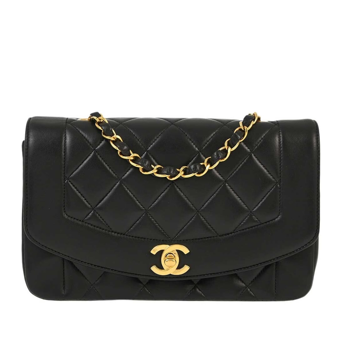 Chanel Black Lambskin Small Diana Shoulder Bag with Chain Strap: Chanel Black Lambskin Small Diana Shoulder Bag with Chain Strap This elegant Chanel Small Diana Shoulder Bag is crafted from luxurious black lambskin leather, showcasing a classic matelasse pattern. T