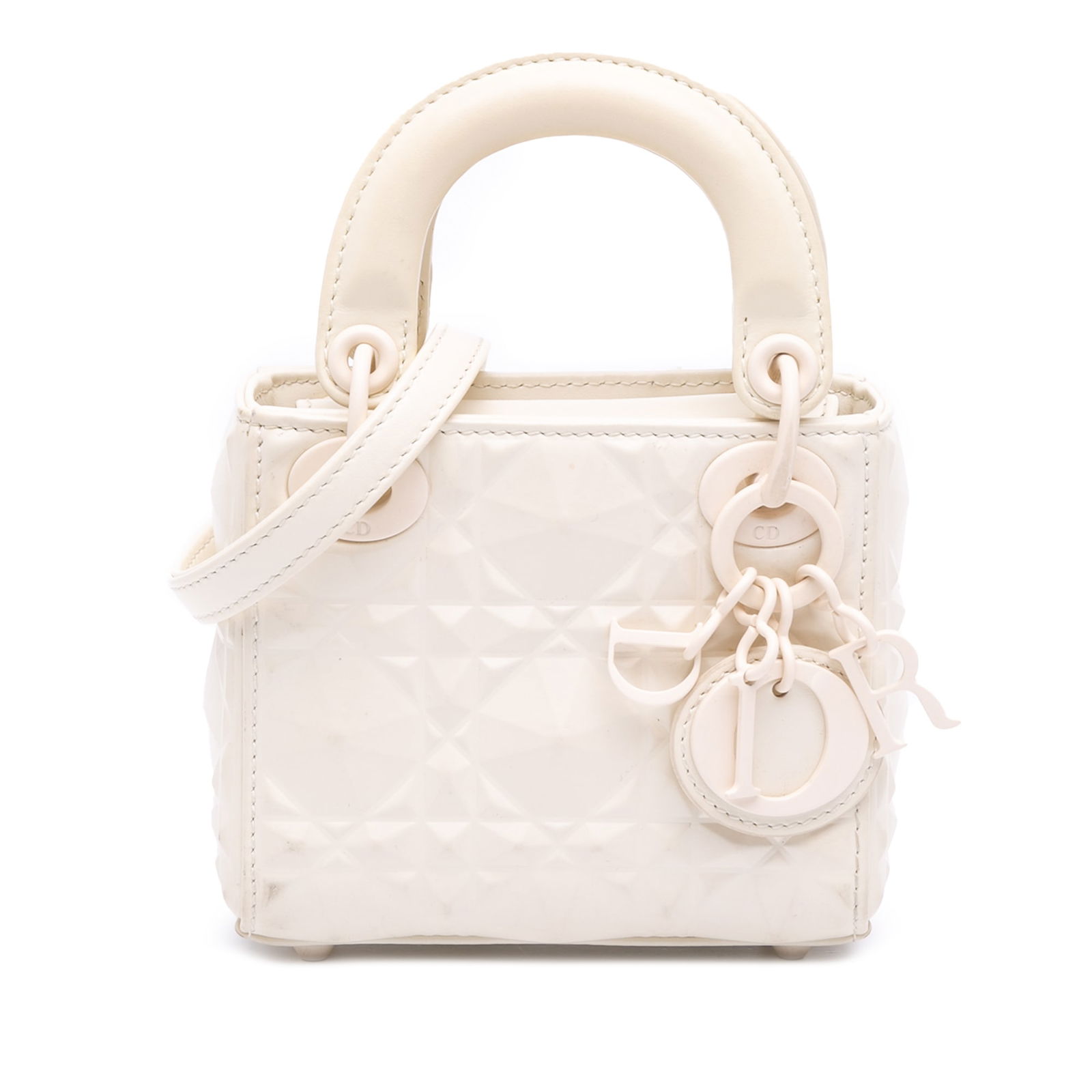 Dior Micro Ultra Matte Cannage Diamond Lady Dior White Bag: Dior Micro Ultra Matte Cannage Diamond Lady Dior White Bag The Micro Ultra Matte Calfskin Cannage Diamond Motif Lady Dior is a stylish handbag featuring a distinctive quilted leather body that embodie