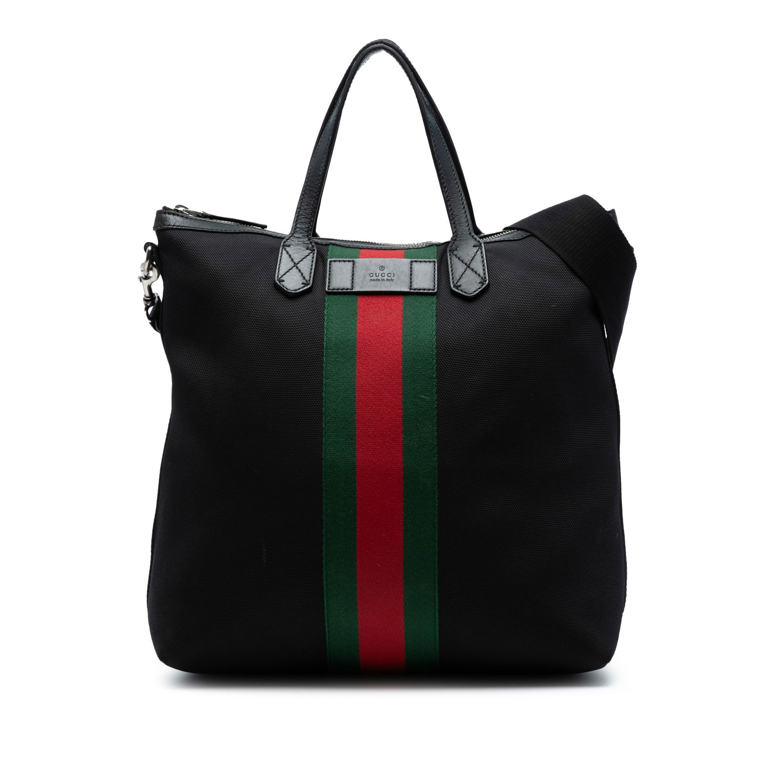 Gucci Canvas Techno Web Vertical Zip Tote Black Fabric Bag: Gucci Canvas Techno Web Vertical Zip Tote Black Fabric Bag This Gucci Canvas Techno Web Vertical Zip Tote is a stylish and functional satchel crafted from durable canvas, featuring iconic web detailin