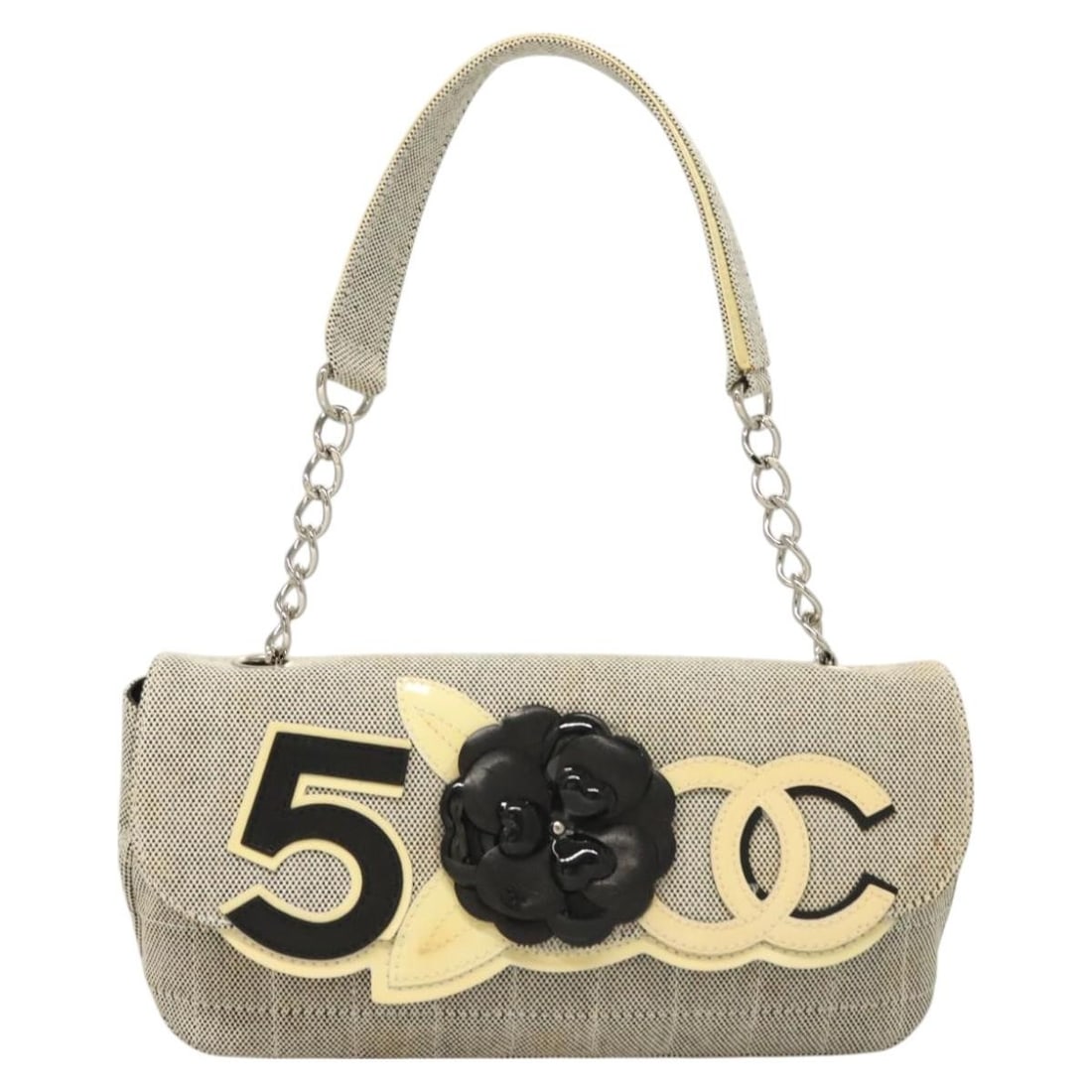 Chanel Camellia No.5 gray flap shoulder bag: Chanel Camellia No.5 gray flap shoulder bag This Chanel Camellia No.5 Flap Bag in gray features a classic flap design with camellia detailing. The bag is designed for female use and includes a shoulde
