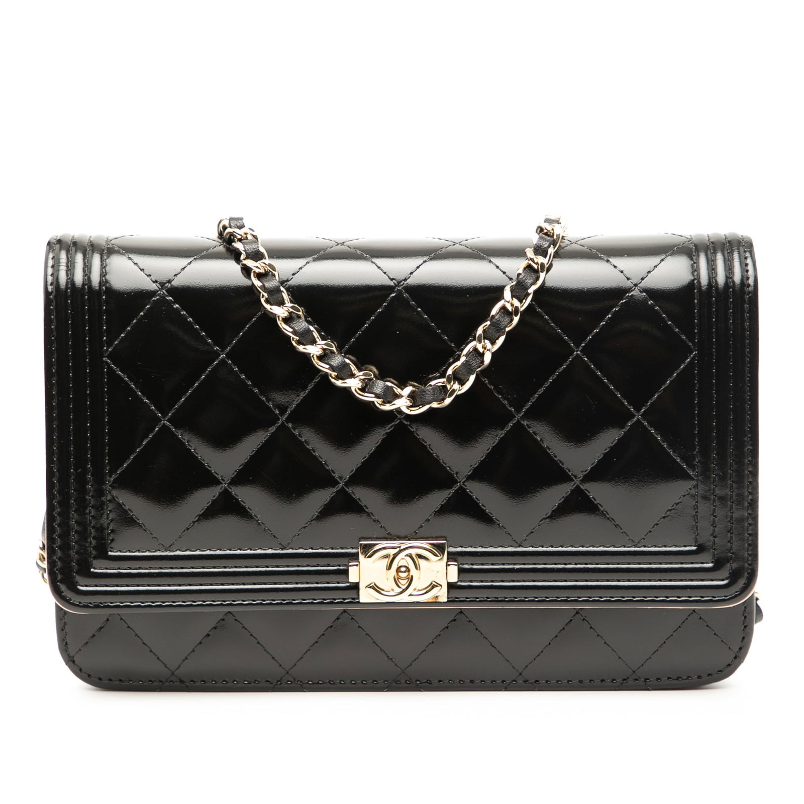 Chanel Black Quilted Patent Boy Wallet on Chain: Chanel Black Quilted Patent Boy Wallet on Chain The Chanel Quilted Patent Boy Wallet on Chain is a stylish accessory crafted from quilted patent leather. This elegant piece features a leather woven ch