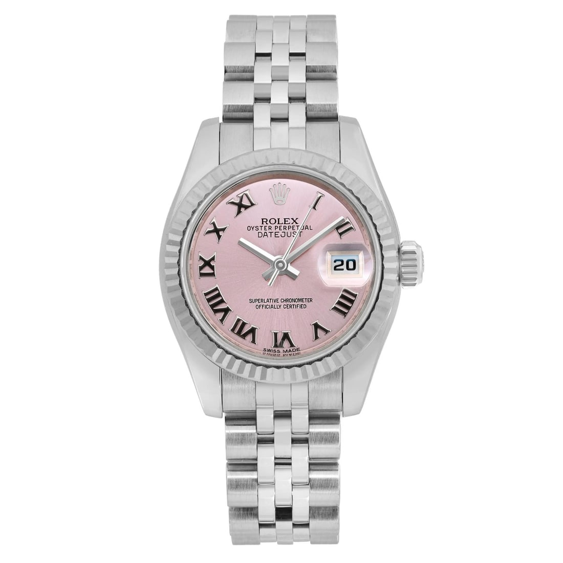 Rolex Lady Datejust 26MM Pink Dial White Gold Steel Watch 179174: Rolex Lady Datejust 26MM Pink Dial White Gold Steel Watch 179174 This exquisite Rolex Lady Datejust wristwatch combines elegance and functionality. Crafted in Switzerland, this luxury timepiece featur