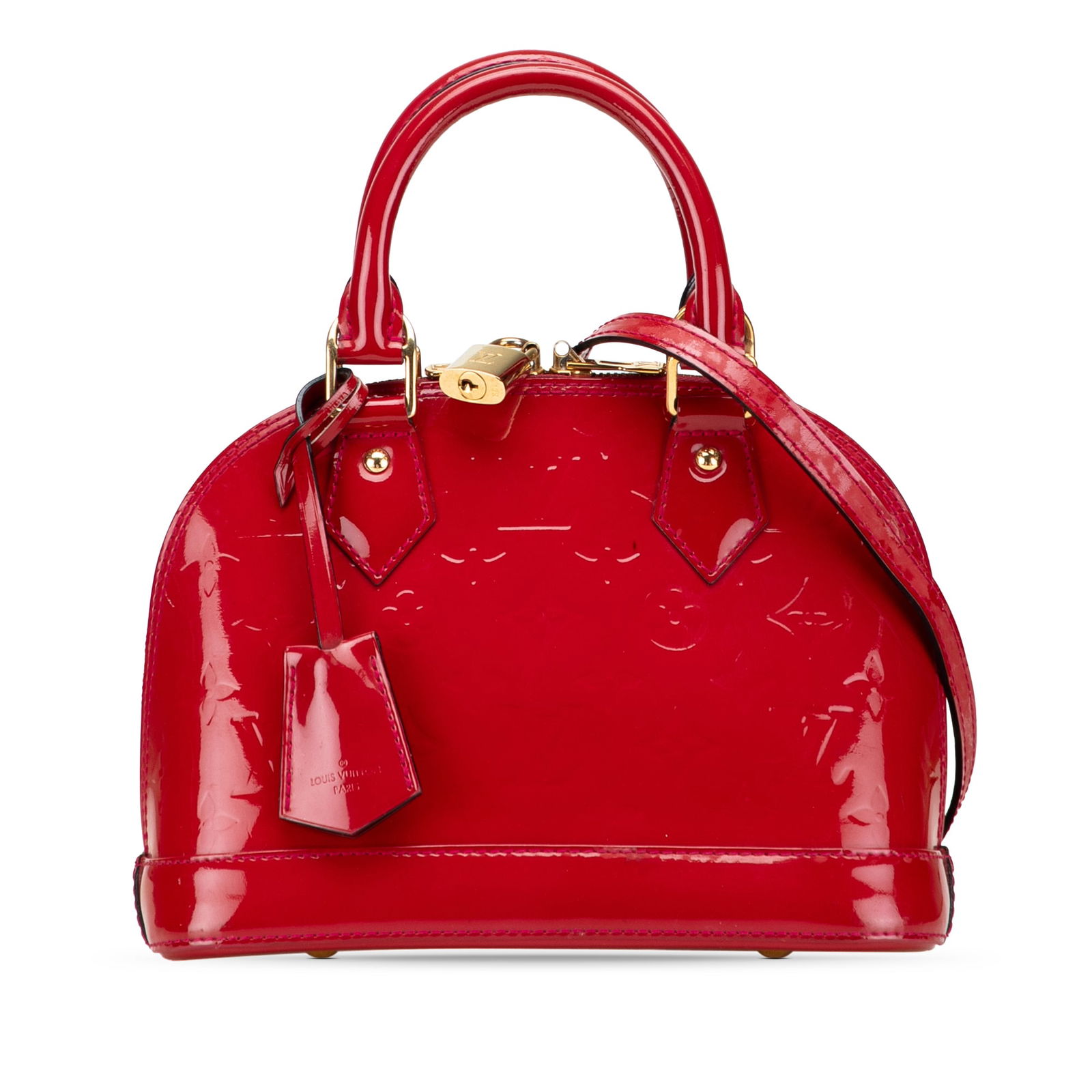 Louis Vuitton Monogram Vernis Alma BB Red Leather Handbag: Louis Vuitton Monogram Vernis Alma BB Red Leather Handbag The Louis Vuitton Monogram Vernis Alma BB is a chic and stylish handbag crafted from vernis leather in a vibrant red hue. This exquisite acces