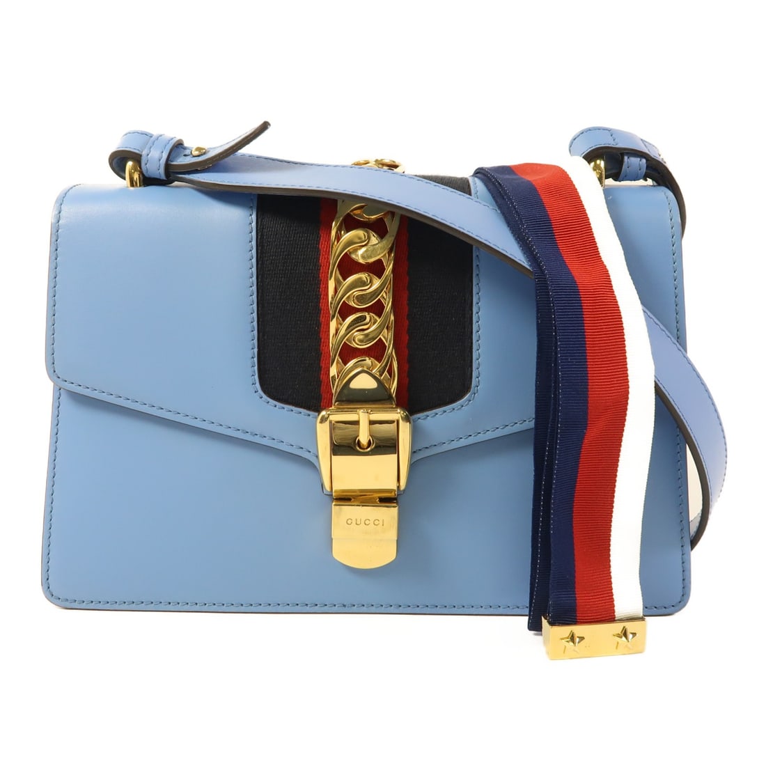 GUCCI Sylvie Shoulder Bag Calfskin Leather Blue 421882: GUCCI Sylvie Shoulder Bag Calfskin Leather Blue 421882 This stylish GUCCI Sylvie Shoulder Bag is crafted from luxurious calfskin leather in a striking blue color. Designed for both elegance and functi