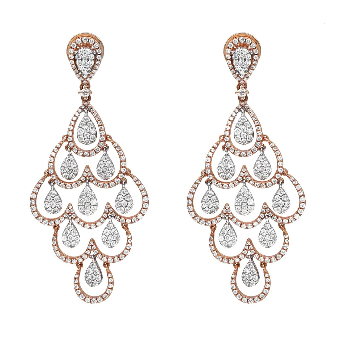 Rachel Koen 18K Rose Gold Chandelier Earrings 3.37ctw Diamond Pave Set: Rachel Koen 18K Rose Gold Chandelier Earrings 3.37ctw Diamond Pave Set Elevate your style with these stunning chandelier earrings by Rachel Koen, expertly crafted in 18K rose gold. These exquisite ear