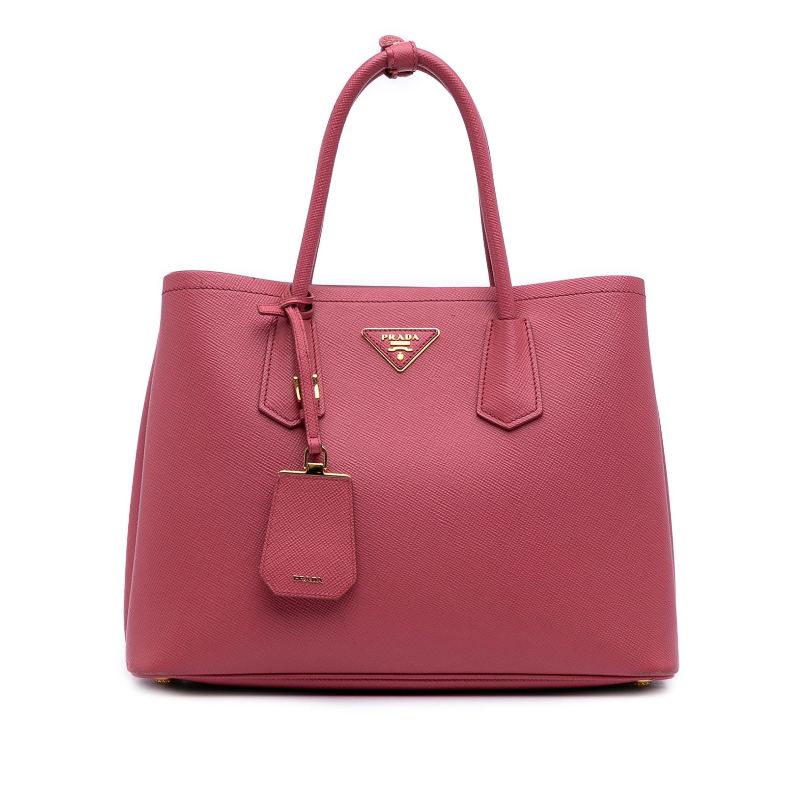 Prada Medium Saffiano Cuir Double Satchel Pink Leather Bag: Prada Medium Saffiano Cuir Double Satchel Pink Leather Bag Introducing the Prada Medium Saffiano Cuir Double Satchel, a luxurious handbag crafted from premium saffiano leather in a stunning pink hue.