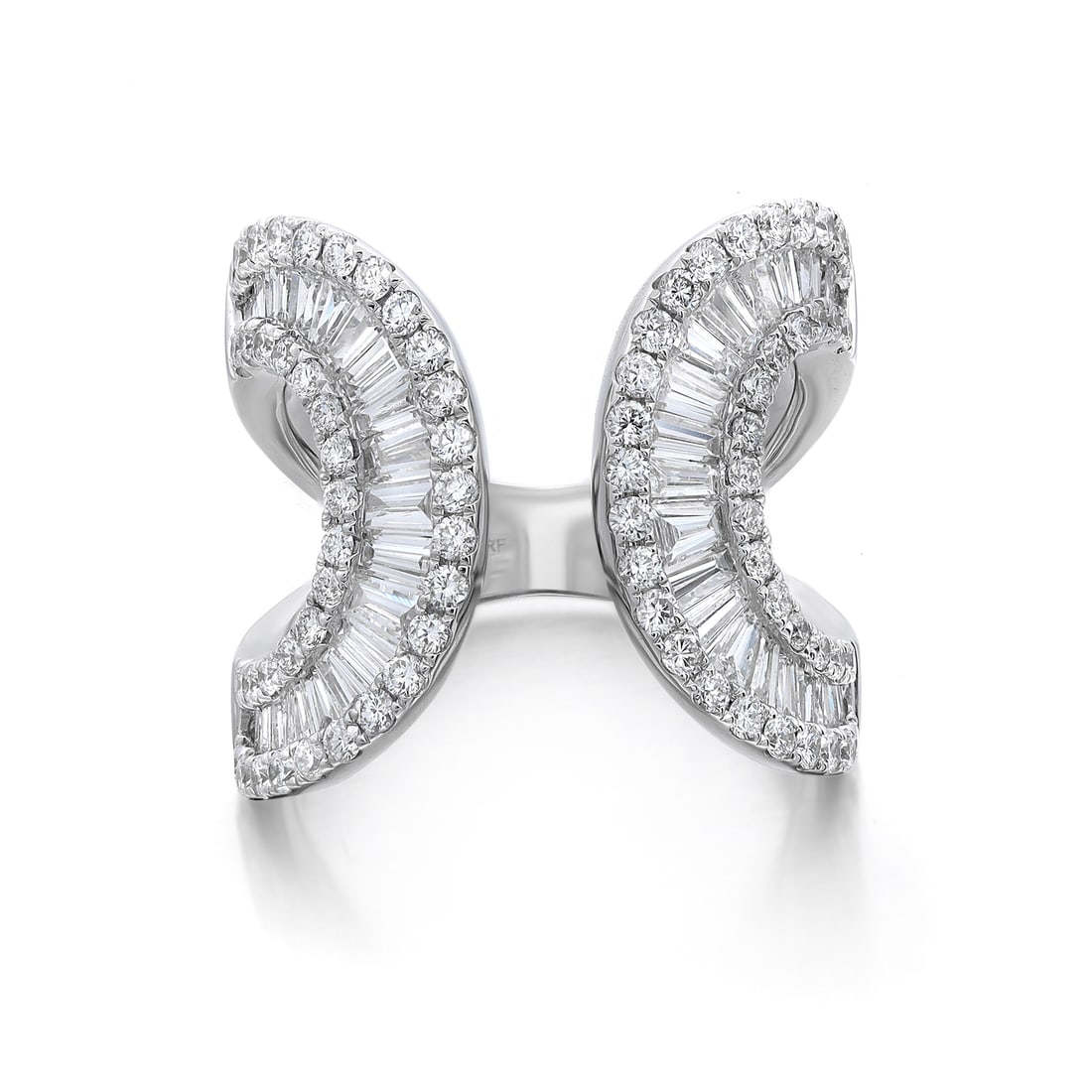 Rachel Koen 2.72ct Diamond Wide Band Ring in 18K White Gold: Rachel Koen 2.72ct Diamond Wide Band Ring in 18K White Gold This elegant and chic wide open band ring showcases a stunning array of diamonds, featuring both baguette cut and round brilliant cut stones