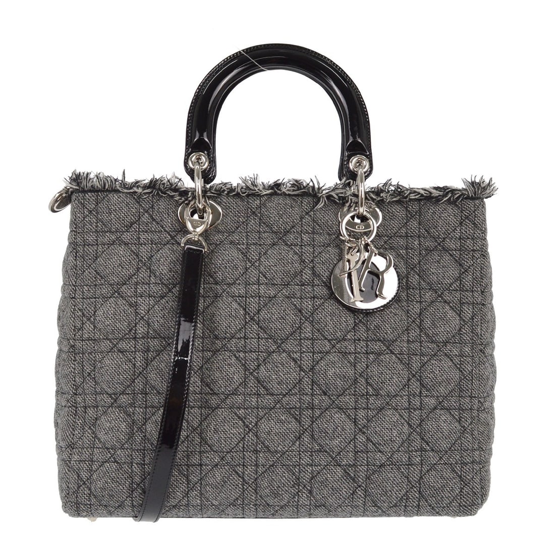 Lady Dior Cannage Gray Wool Satchel with Patent Leather and Double Handles (1 of 6)