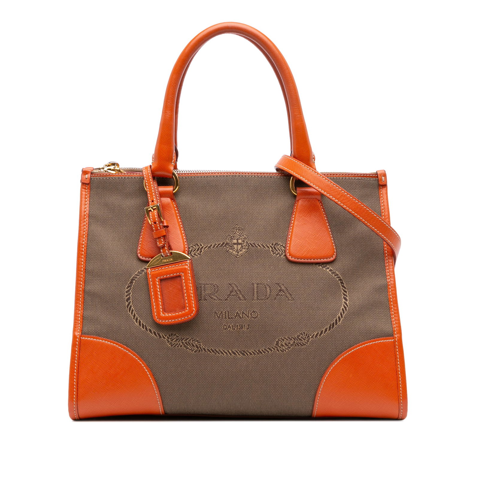 Prada Saffiano Canvas Canapa Logo Double Zip Satchel Brown: Prada Saffiano Canvas Canapa Logo Double Zip Satchel Brown This Prada Saffiano Trimmed Canvas Canapa Logo Double Zip Satchel is a blend of style and functionality. Crafted with a durable canvas body a