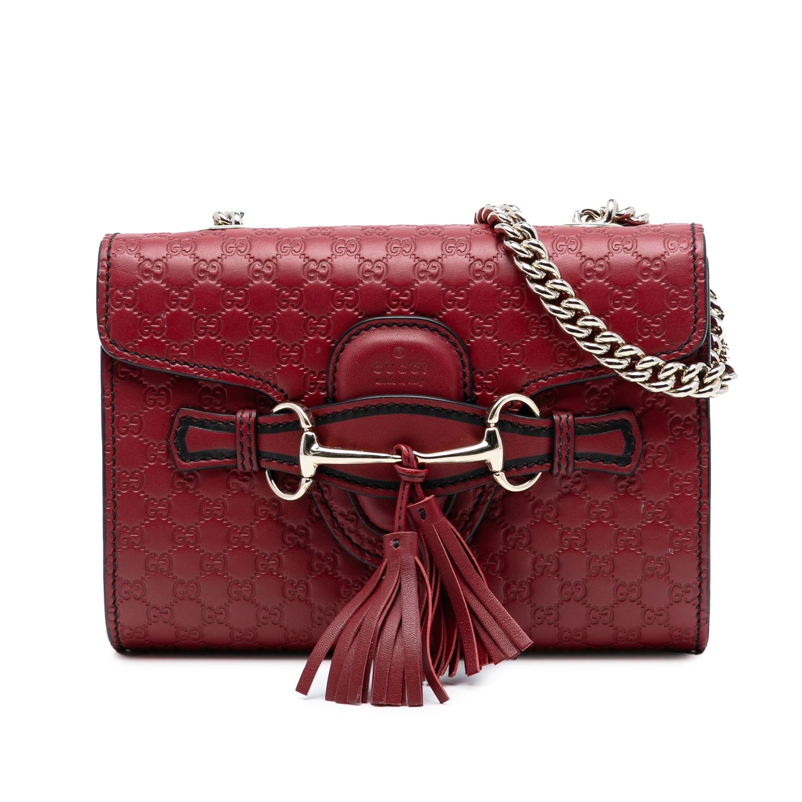 Red Leather Gucci Mini Microguccissima Emily Chain Strap Crossbody Bag: Red Leather Gucci Mini Microguccissima Emily Chain Strap Crossbody Bag This Gucci Mini Microguccissima Emily Crossbody features an embossed leather body in red, a chain link strap with a leather guard