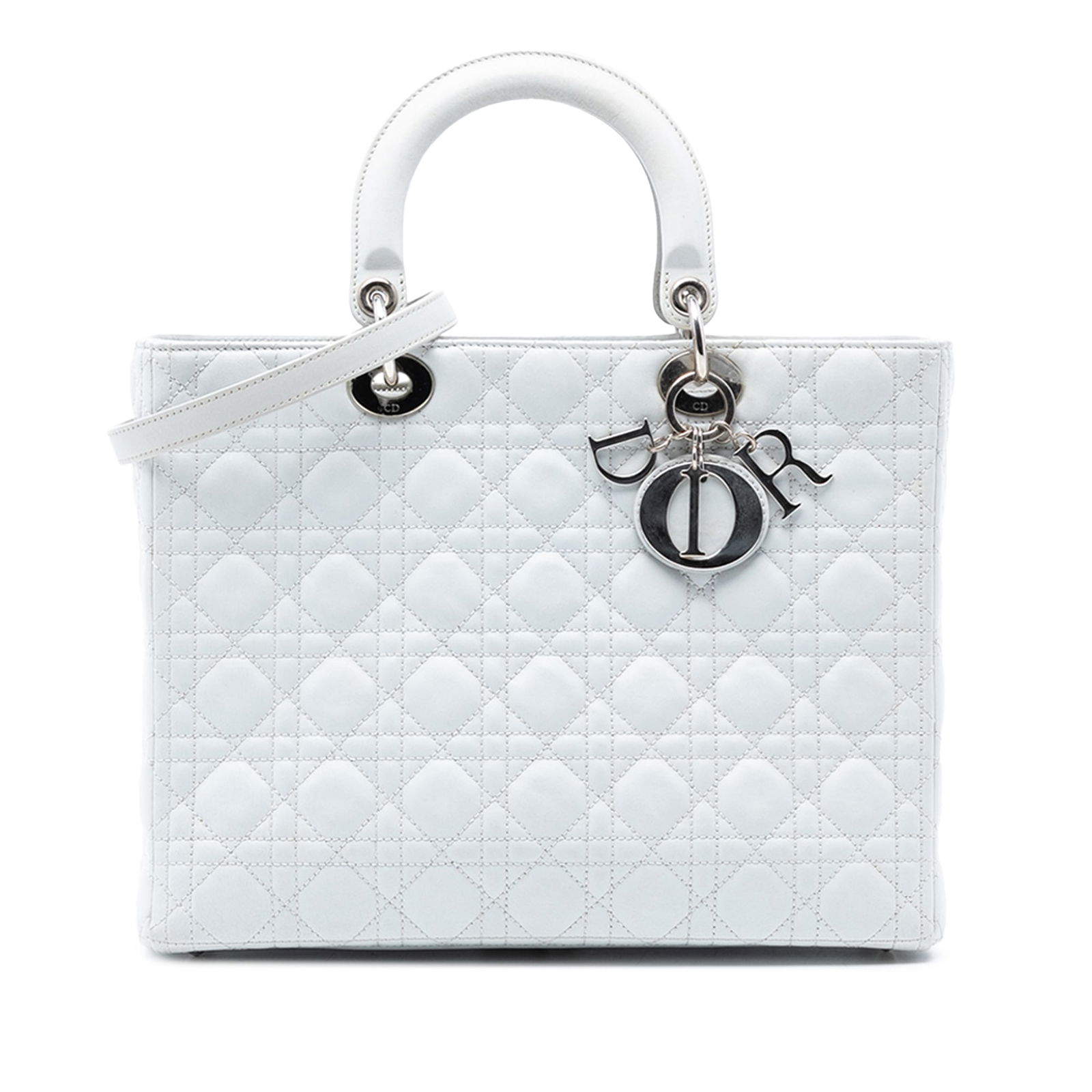 Dior Lady Dior Large White Quilted Lambskin Cannage Handbag with Strap (1 of 8)