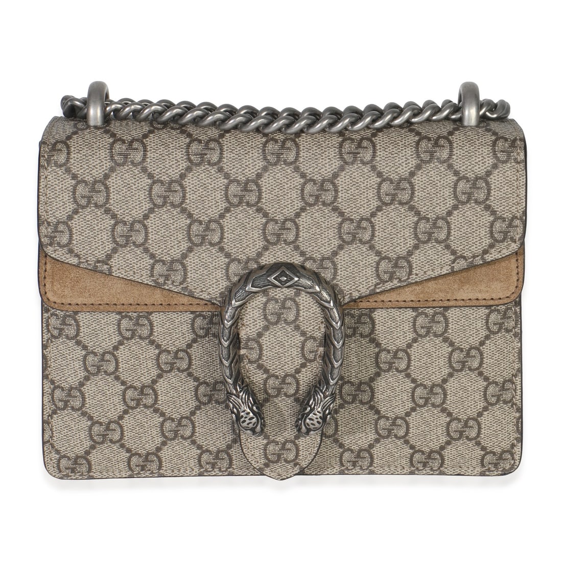 Gucci Mini Dionysus Taupe GG Supreme Canvas Shoulder Bag: Gucci Mini Dionysus Taupe GG Supreme Canvas Shoulder Bag Elevate your style with the Gucci Mini Dionysus Shoulder Bag, a stunning accessory crafted in Italy. This pre-owned bag features the iconic GG