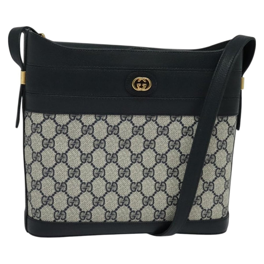 GUCCI GG Supreme PVC Shoulder Bag Navy Gold 001 109 0579 Auth: GUCCI GG Supreme PVC Shoulder Bag Navy Gold 001 109 0579 Auth This GUCCI GG Supreme Shoulder Bag is a stylish accessory crafted from durable PVC leather with a sophisticated navy and gold color scheme