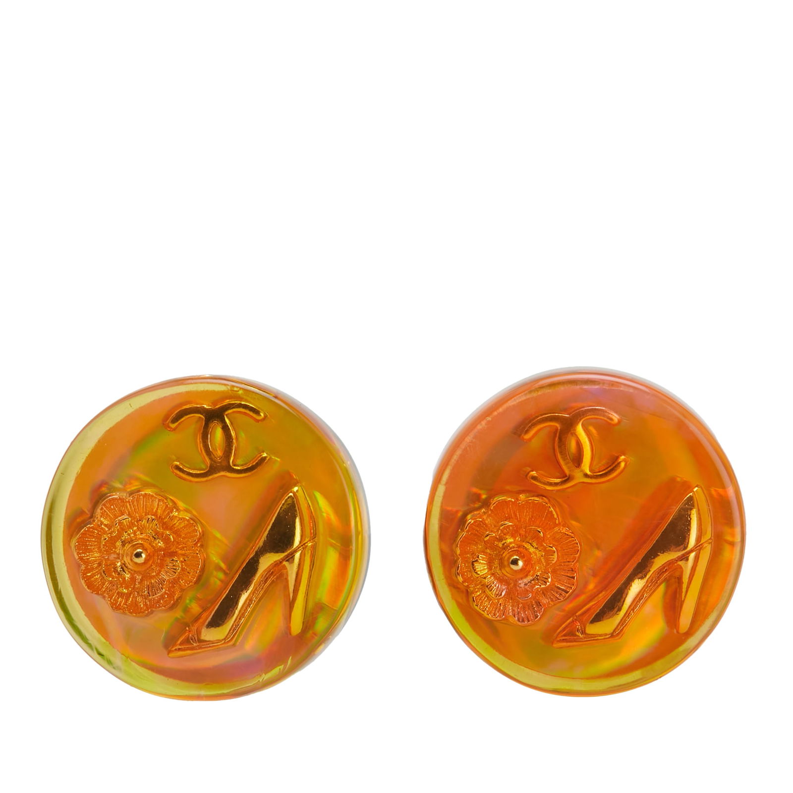 Chanel Gold Plated Resin Camellia Clip On Earrings: Chanel Gold Plated Resin Camellia Clip On Earrings These striking clip-on earrings by Chanel showcase a vibrant orange resin body adorned with a gold-tone camellia and interlocking C logo details. Des