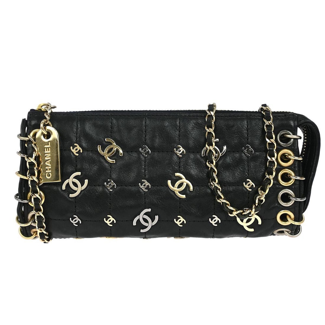 Chanel Black Lambskin Logo Quilted Shoulder Bag Pochette: Chanel Black Lambskin Logo Quilted Shoulder Bag Pochette This elegant Chanel shoulder bag pochette is crafted from luxurious black lambskin leather and features the iconic CC pattern. It is designed f