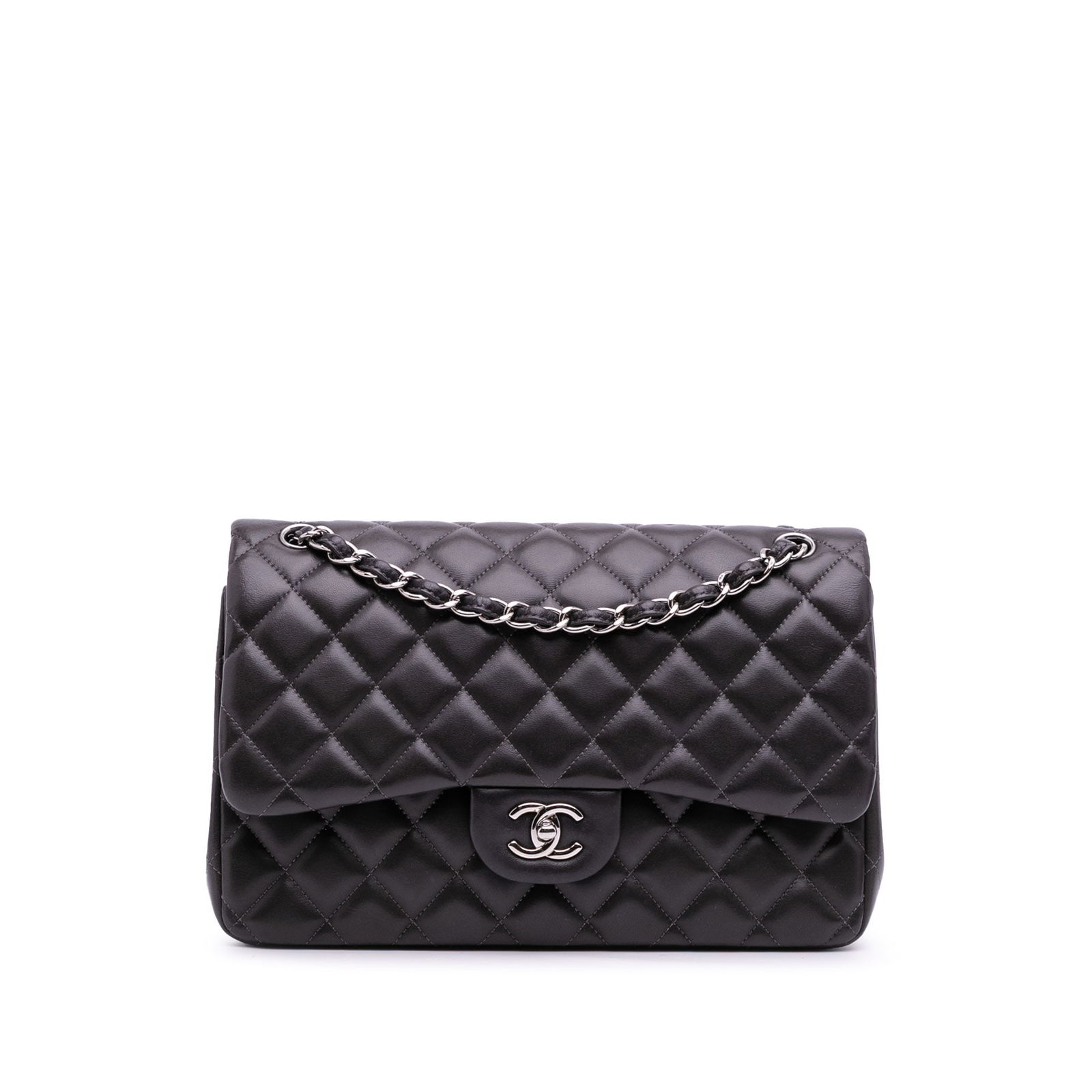 Chanel Jumbo Classic Gray Lambskin Double Flap Bag: Chanel Jumbo Classic Gray Lambskin Double Flap Bag The Chanel Jumbo Classic Lambskin Double Flap shoulder bag is a luxurious accessory crafted from quilted lambskin leather, showcasing a sophisticated