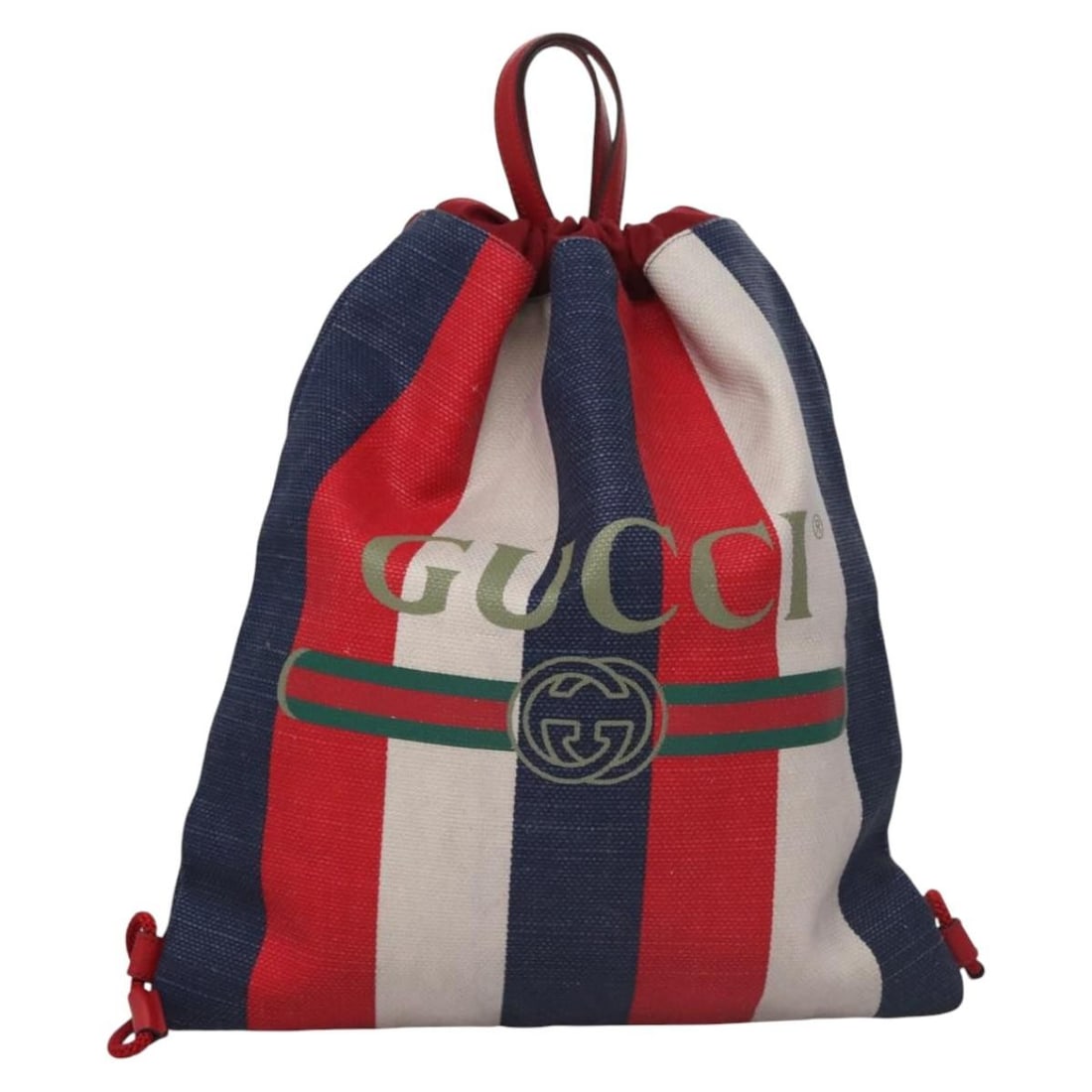 Red Drawstring Backpack with Gucci Logo Detailing: Red Drawstring Backpack with Gucci Logo Detailing This pre-owned Gucci Logo Drawstring Backpack in red features a spacious design with a drawstring closure. It shows signs of use, including surface ru