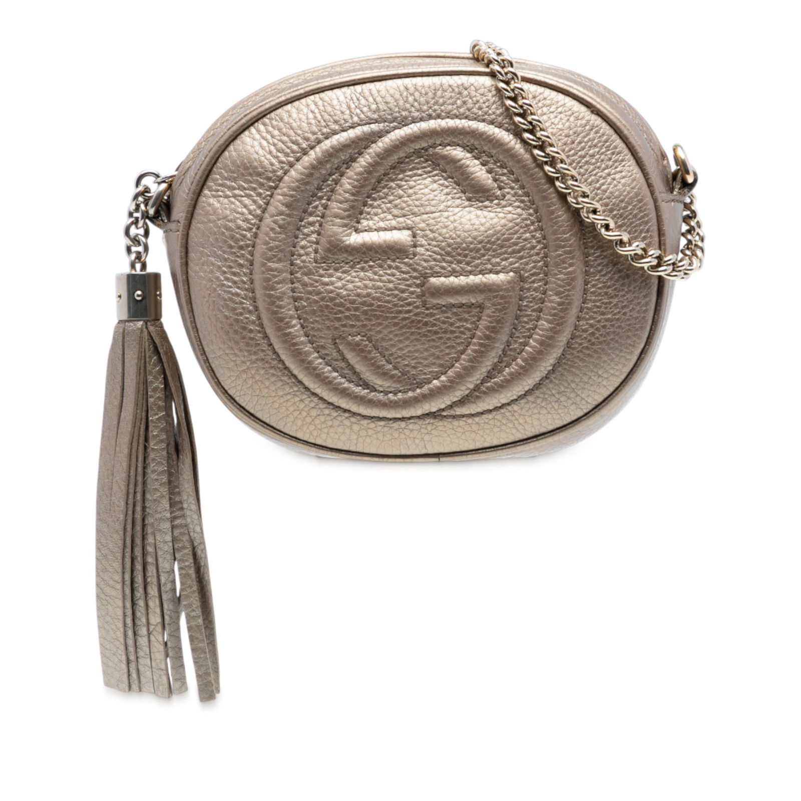 Gucci Mini Soho Gold Metallic Leather Crossbody Bag: Gucci Mini Soho Gold Metallic Leather Crossbody Bag The Gucci Mini Metallic Pebbled Calfskin Soho Chain Crossbody is a stylish accessory featuring a luxurious metallic leather body and a chic chain li