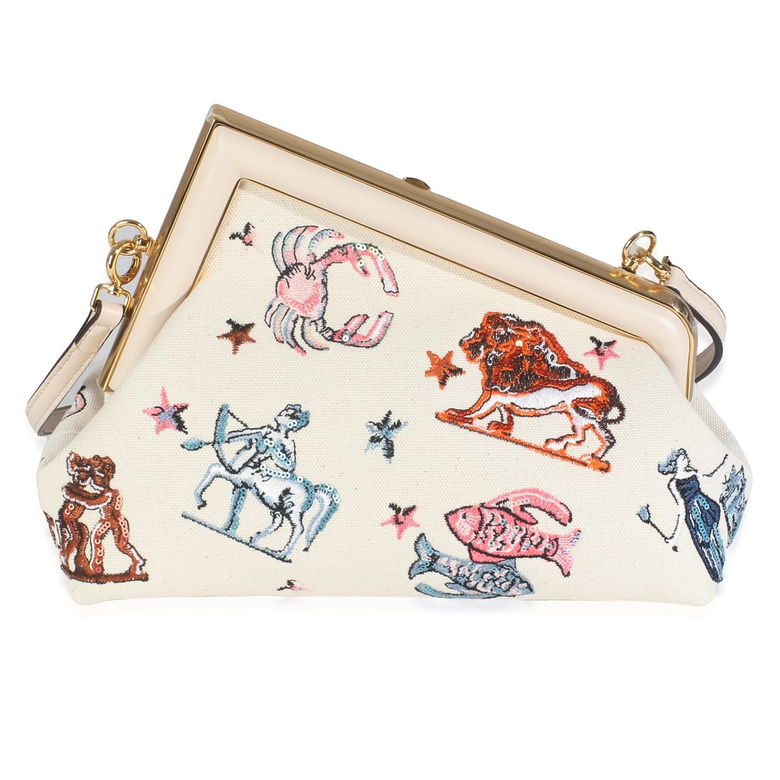Fendi Astrology Embroidered Canvas Small First Bag with Gold-Tone Hardware: Fendi Astrology Embroidered Canvas Small First Bag with Gold-Tone Hardware The Fendi White Astrology Embroidered Canvas First Small Bag is a stylish and versatile accessory perfect for any occasion. T