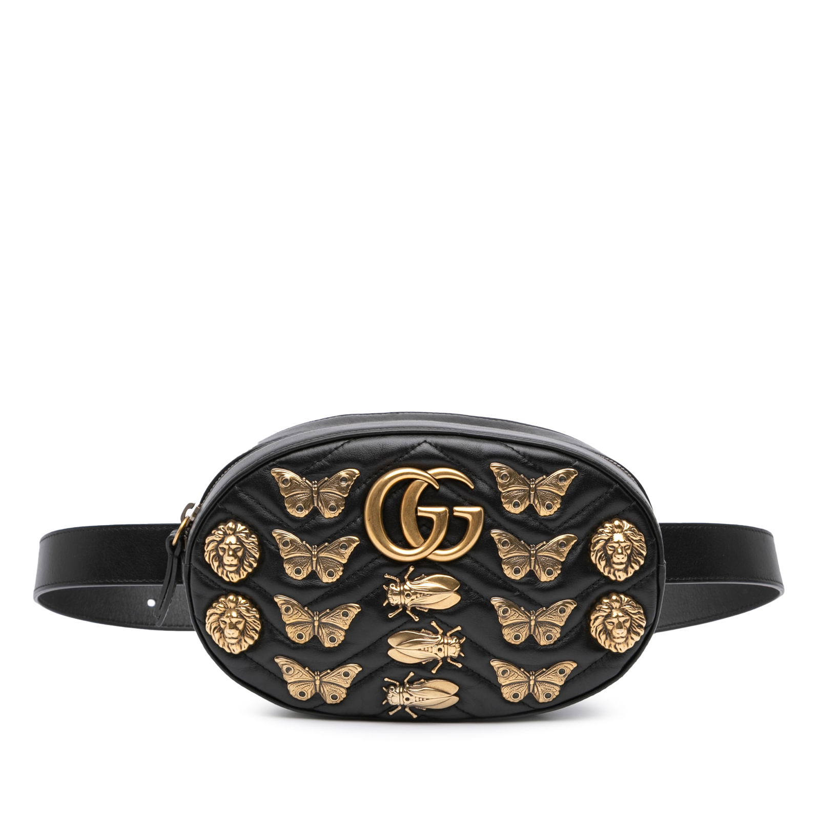 Gucci GG Marmont Matelasse Black Leather Belt Bag with Studs: Gucci GG Marmont Matelasse Black Leather Belt Bag with Studs Elevate your accessory collection with the Gucci GG Marmont Matelasse Leather Animalier Belt Bag. This stylish belt bag is crafted from pre