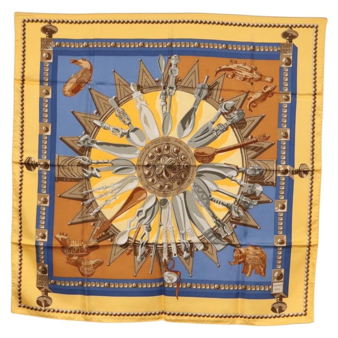 HERMES Cuillers D'Afrique Yellow Silk 90 Scarf Authentic: HERMES Cuillers D'Afrique Yellow Silk 90 Scarf Authentic Elevate your style with this exquisite HERMES Carre 90 scarf featuring the "Cuillers d'Afrique" design. Crafted from luxurious silk in a vibran