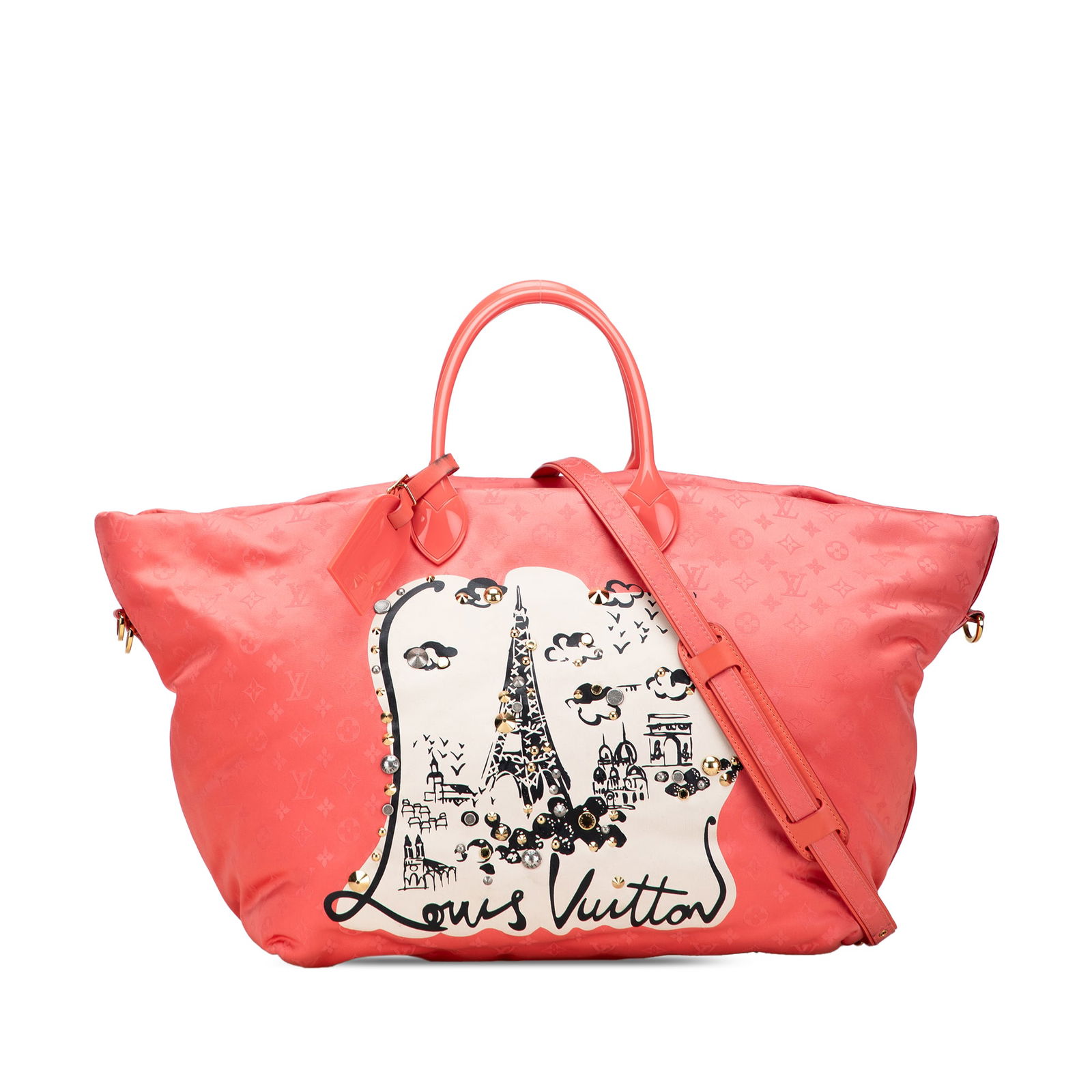 Louis Vuitton Pink Monogram Nylon Nouvelle Vague Beach Bag: Louis Vuitton Pink Monogram Nylon Nouvelle Vague Beach Bag This stylish Louis Vuitton Monogram Nylon Nouvelle Vague Beach Bag showcases a unique studded monogram nylon body, complemented by rolled lea