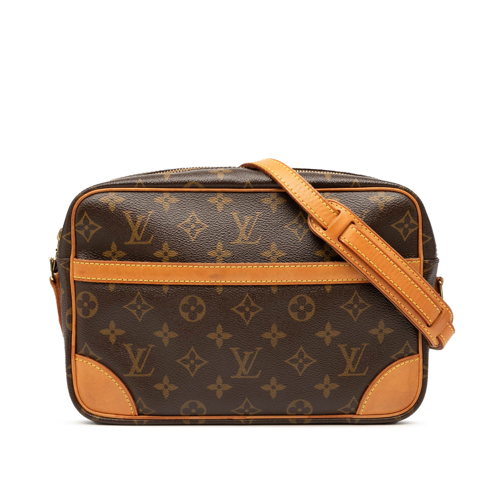 Louis Vuitton Monogram Trocadero 27 Bag Brown Canvas with Vachetta Trim: Louis Vuitton Monogram Trocadero 27 Bag Brown Canvas with Vachetta Trim The Louis Vuitton Monogram Trocadero 27 is a stylish bag crafted from monogram canvas with vachetta leather trim. It features an